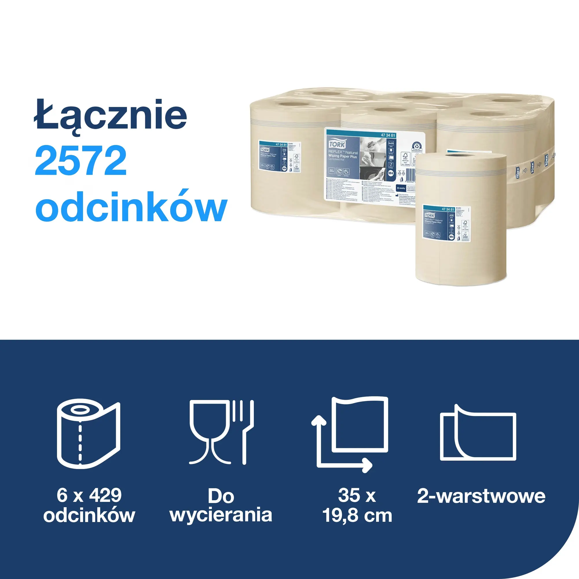 Tork Reflex™ czyściwo papierowe do lekkich zabrudzeń, specyfikacja techniczna 2572 odcinków i wymiary arkusza