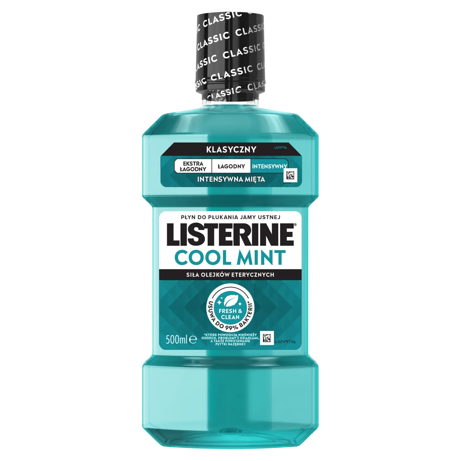Płyn do płukania jamy ustnej Listerine Cool Mint 500 ml, butelka z niebieskim płynem na białym tle