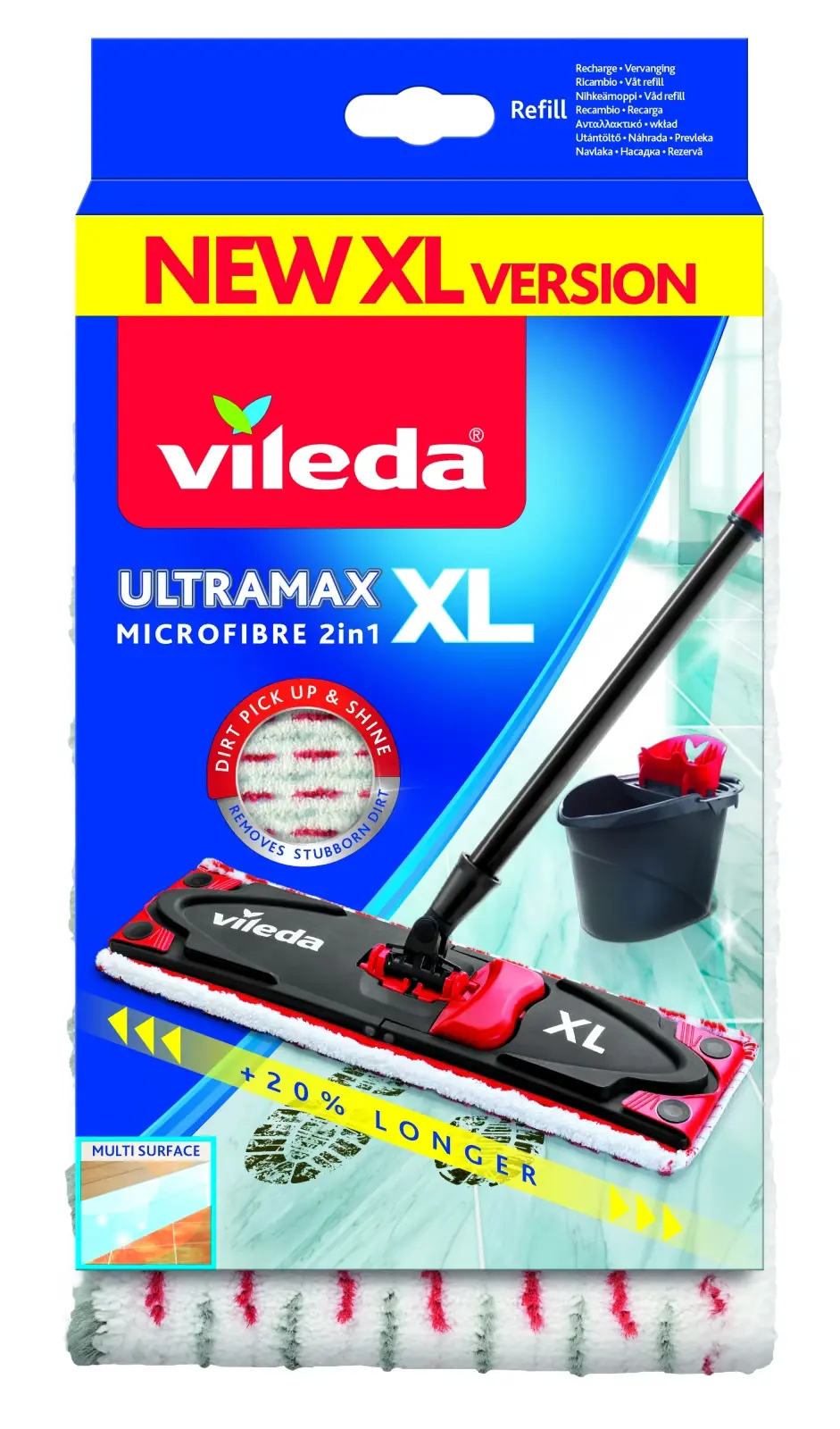 Wkład do Mopa Płaskiego Vileda Ultramax XL Microfibre 2w1, opakowanie produktu z grafiką mopa i wiadra