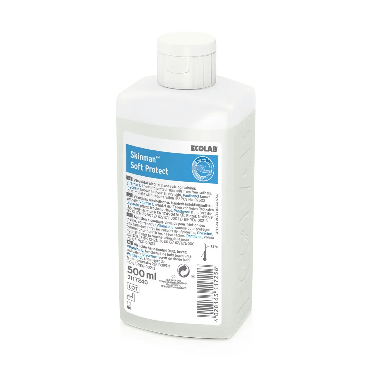 Płyn do Dezynfekcji Rąk Ecolab Skinman Soft Protect 500 ml, biała butelka z widoczną etykietą pod kątem