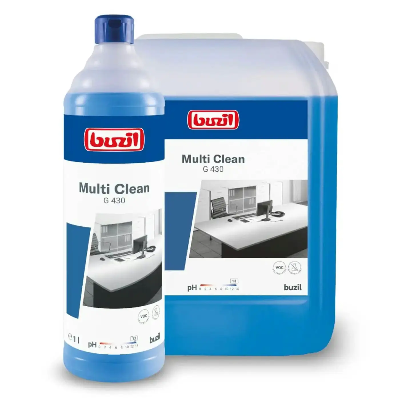 Buzil Multi-Clean G430 Koncentrat 1L, butelka litrowa na tle dużego kanistra z niebieskim płynem