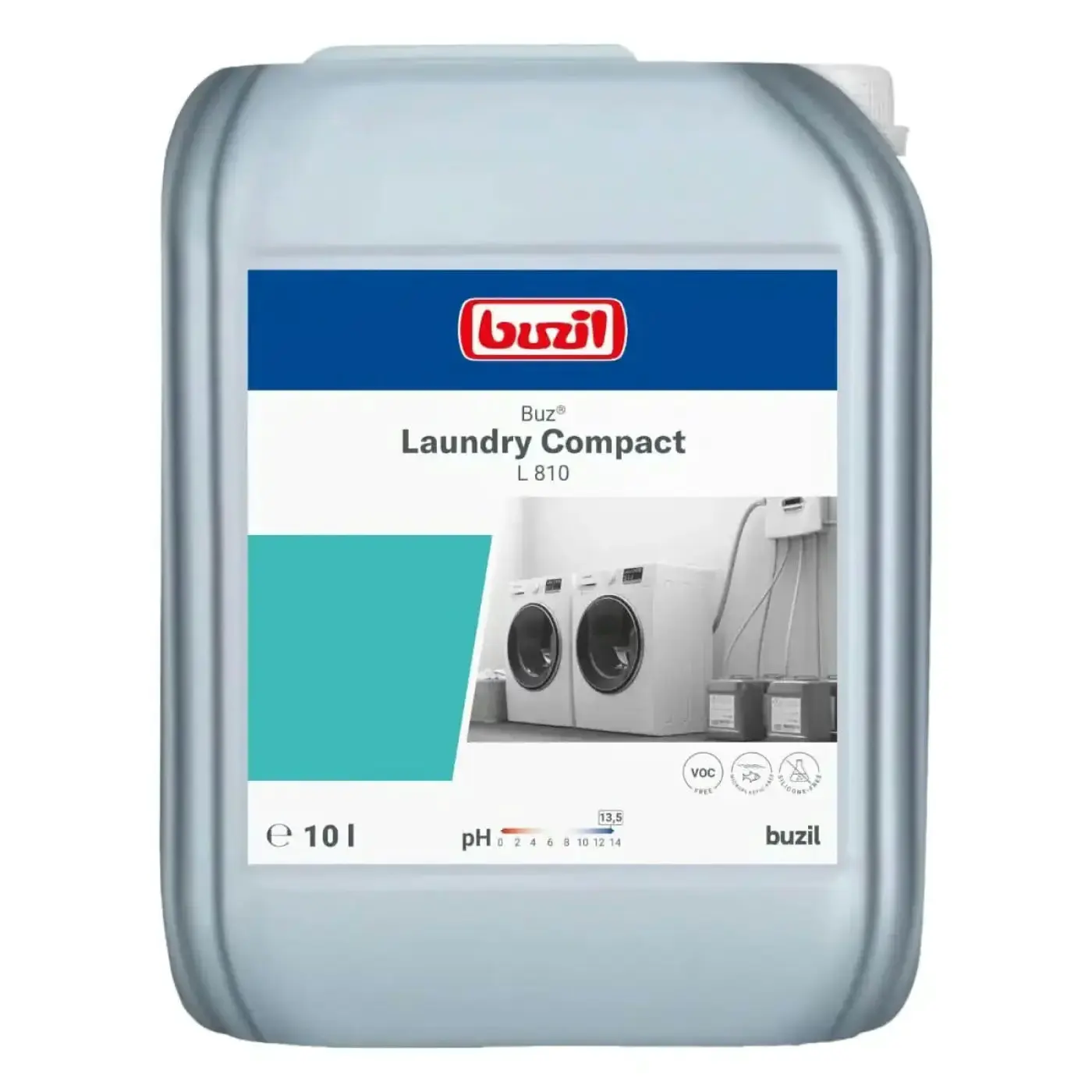 Płynny Superkoncentrat Buzil Buz Laundry Compact L 810, szary kanister 10 litrów z etykietą i grafiką pralni