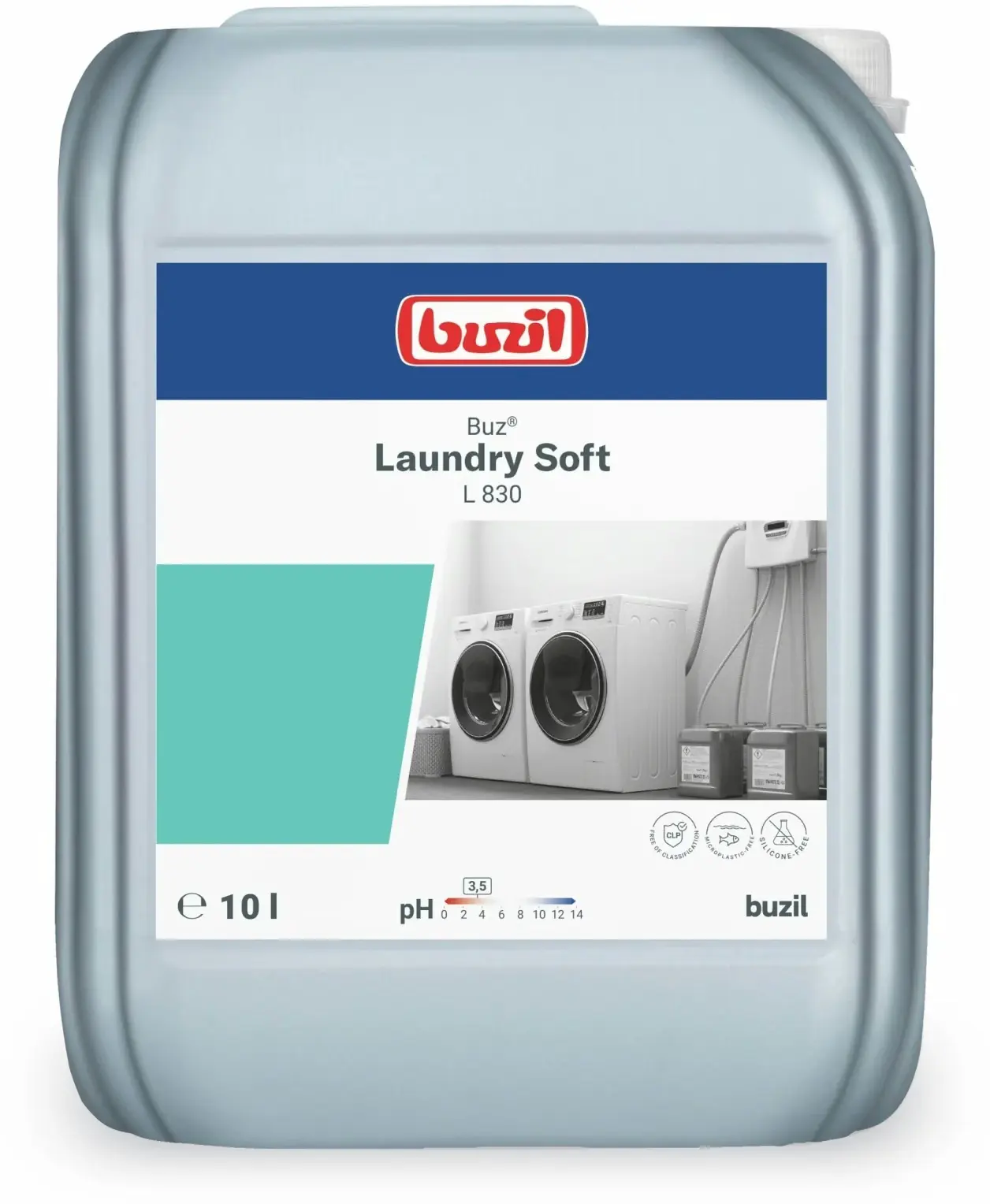 Buz Laundry Soft 3 L830 10L, zbliżenie na etykietę z grafiką pralni przemysłowej i parametrem pH