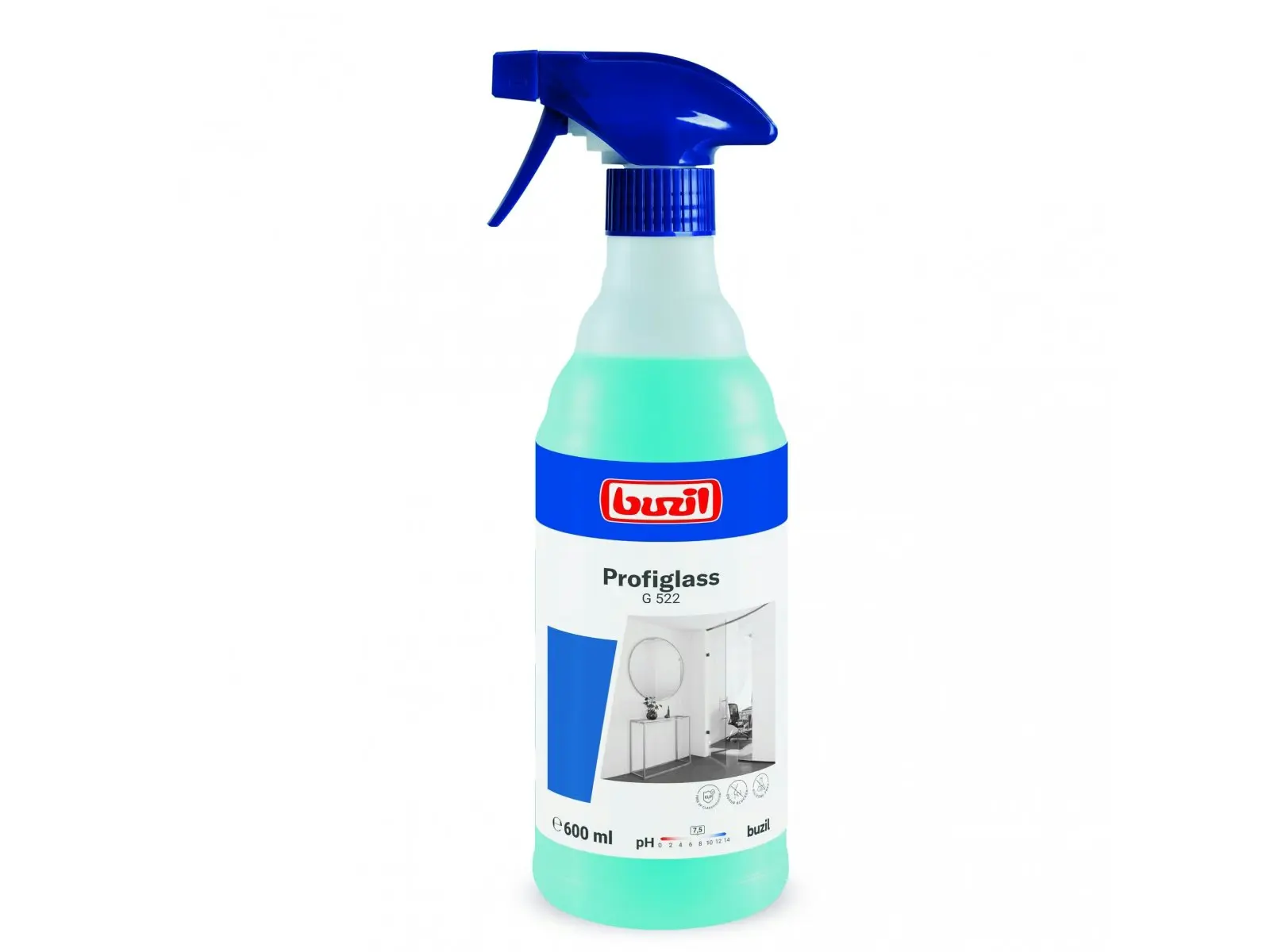 Płyn do Szyb Buzil Profiglass G522 600ml, butelka z niebieskim atomizerem i zielonym płynem na białym tle