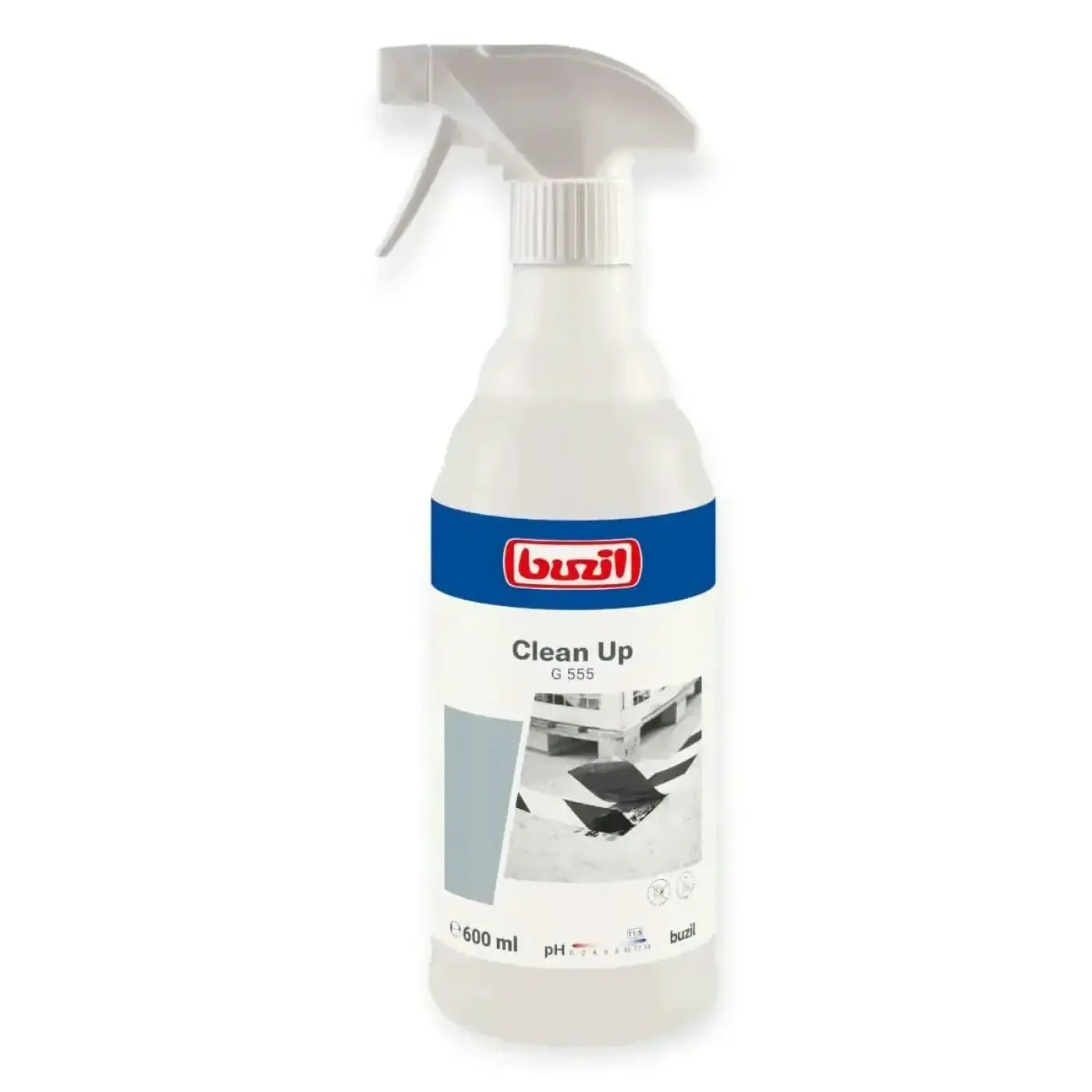 Odplamiacz Buzil Clean Up G555 Spray 600 ml, biała butelka z atomizerem i etykietą z logo marki