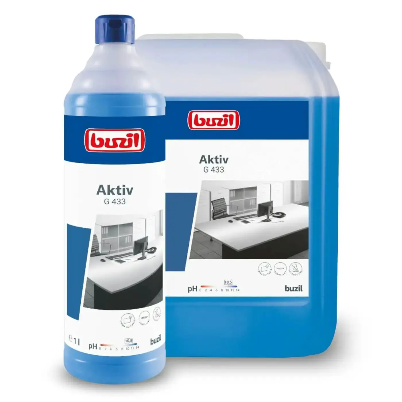 Buzil Aktiv G433 Intensywny Niebieski 10L, zestaw butelka 1 litr oraz kanister 10 litrów z etykietą biurową