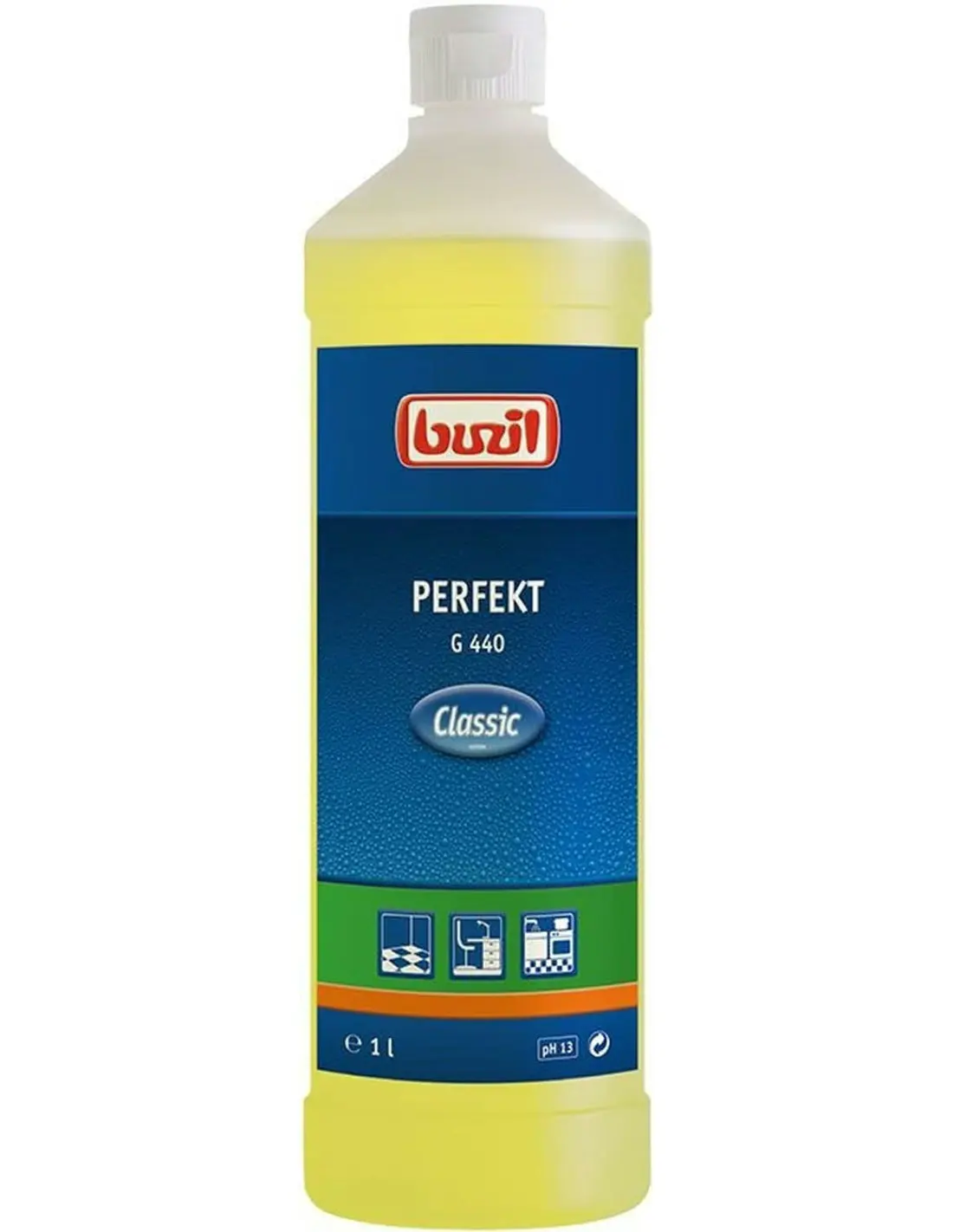 PERFEKT 1l G 440 silny środek czyszczący, butelka 1l z etykietą Classic i ikonami zastosowania w kuchni i warsztacie