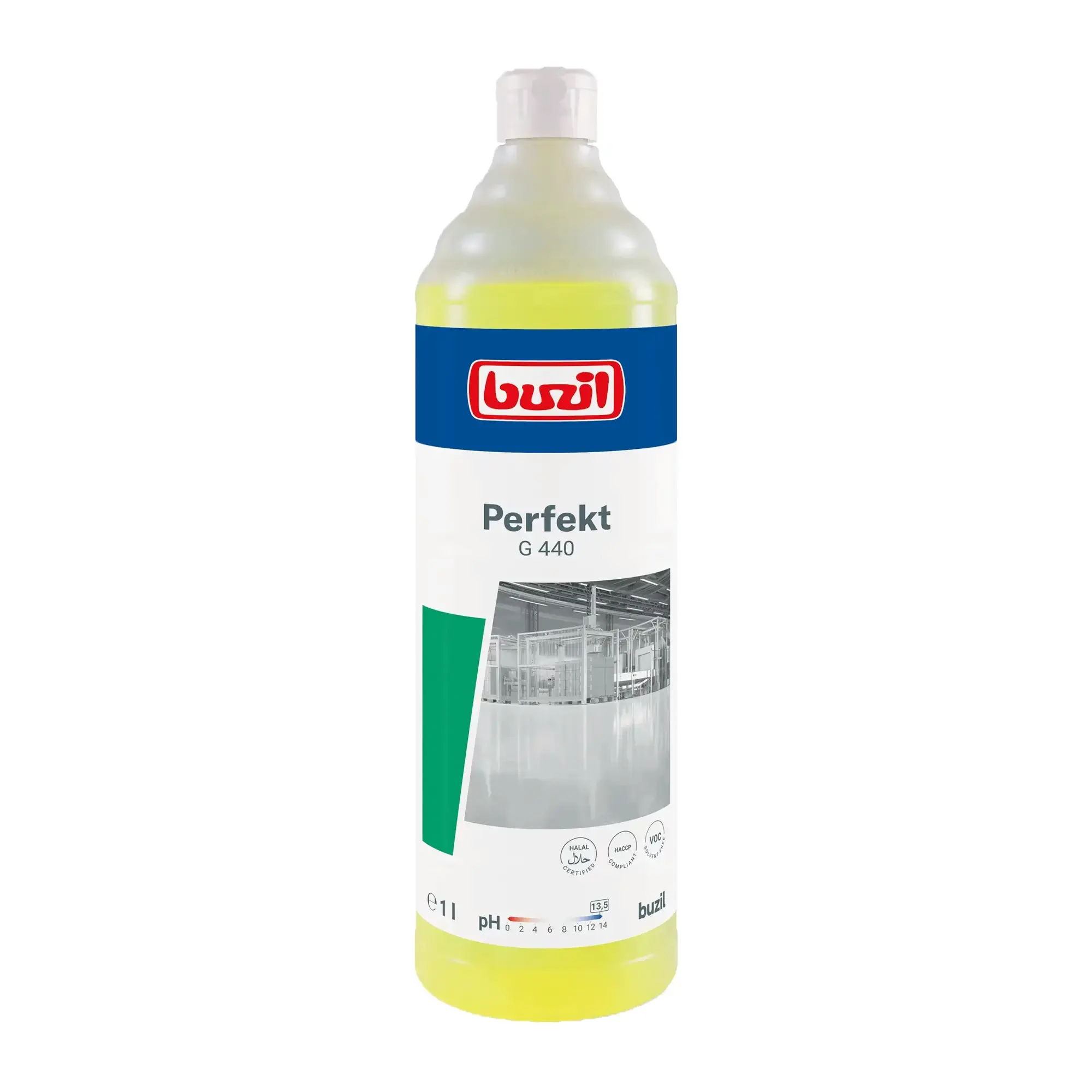 PERFEKT 1l G 440 silny środek czyszczący, widok z przodu na butelkę 1l ze wskaźnikiem pH 13,5 na białym tle