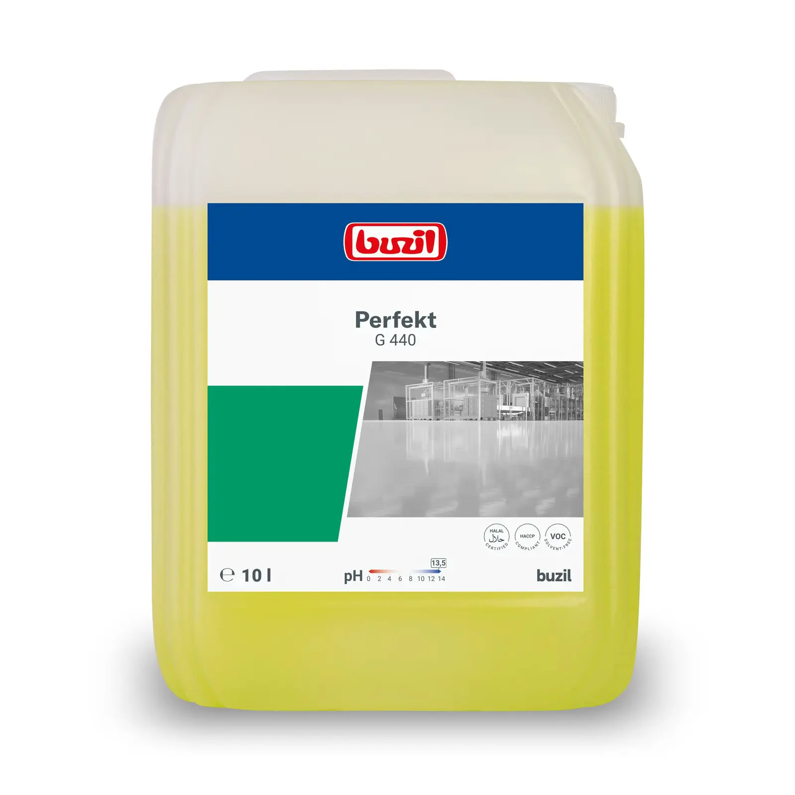 PERFEKT 10l G 440 silny sr.czyszczący, kanister z żółtym płynem i etykietą z certyfikatami Halal oraz HACCP