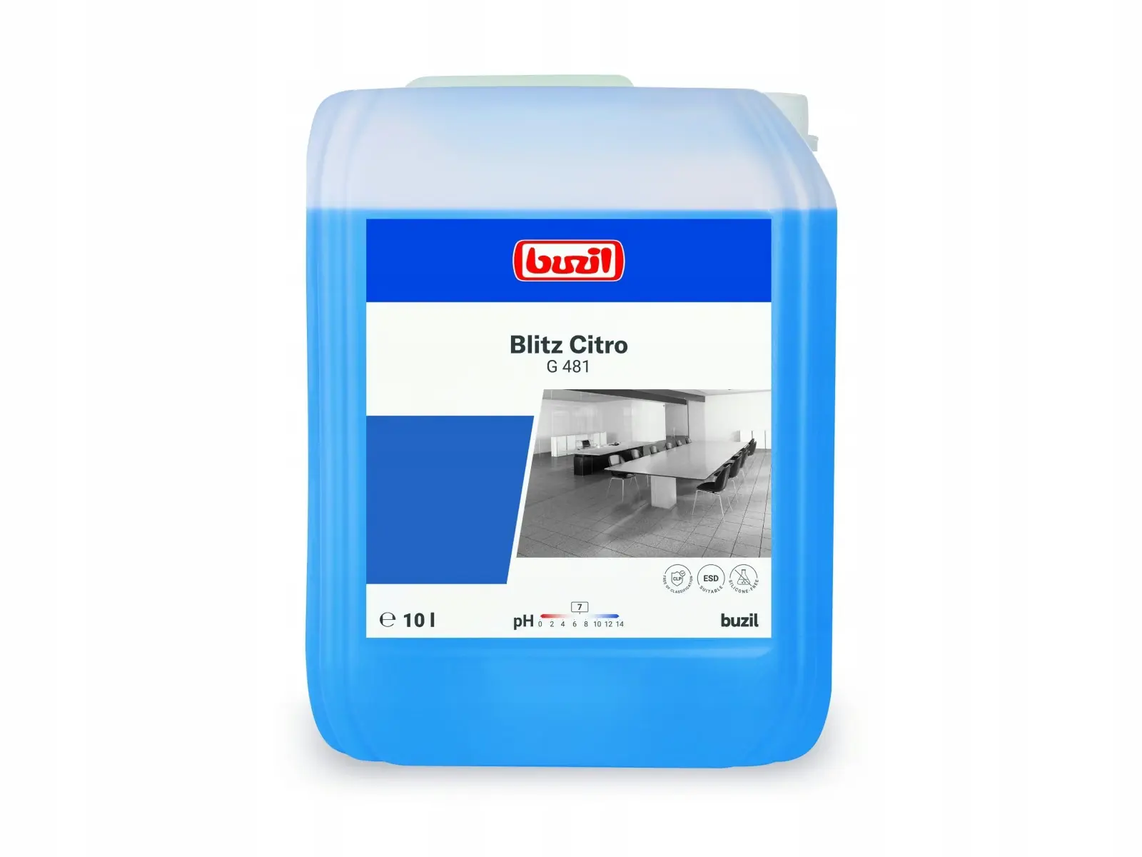 Buzil Blitz Citro G481 10 L, niebieski płyn w dużym kanistrze z białą etykietą i logo marki