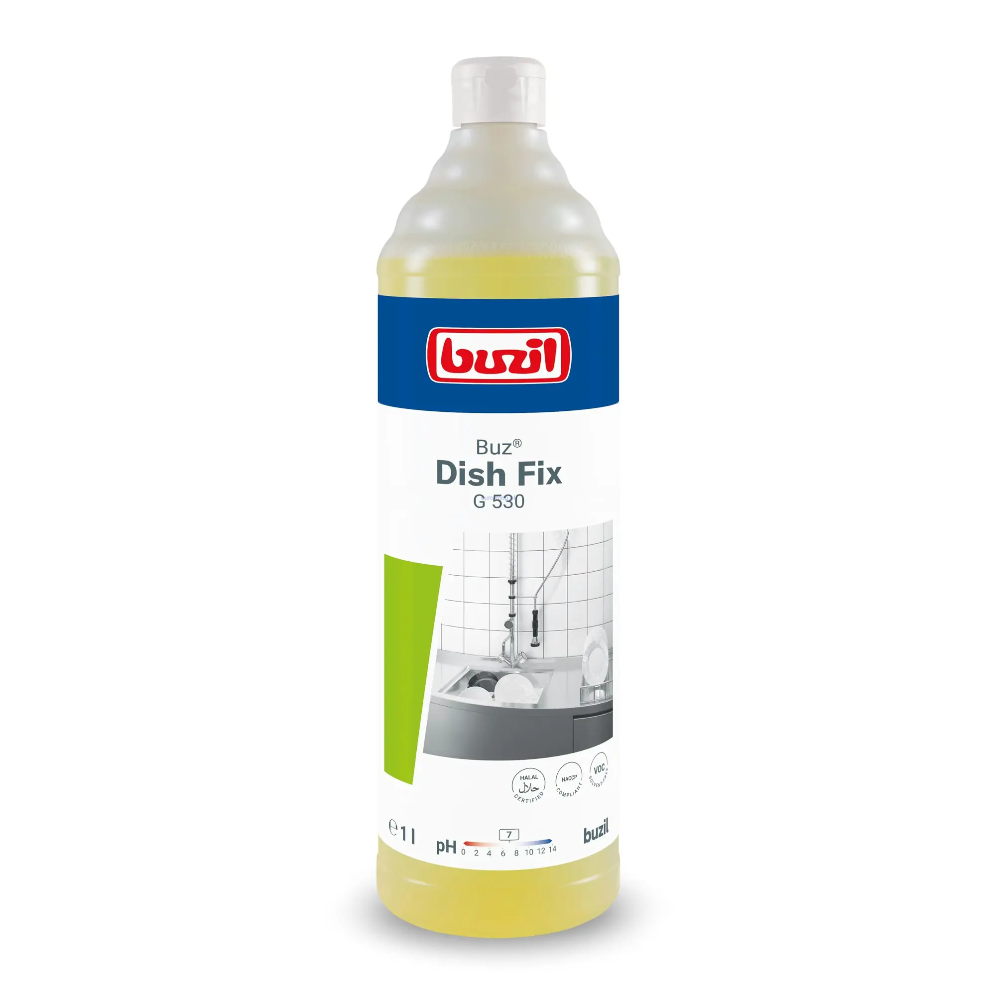 Płyn do Naczyń Buzil Buz Dish Fix G530 Neutralny 1L, butelka z żółtym płynem na białym tle