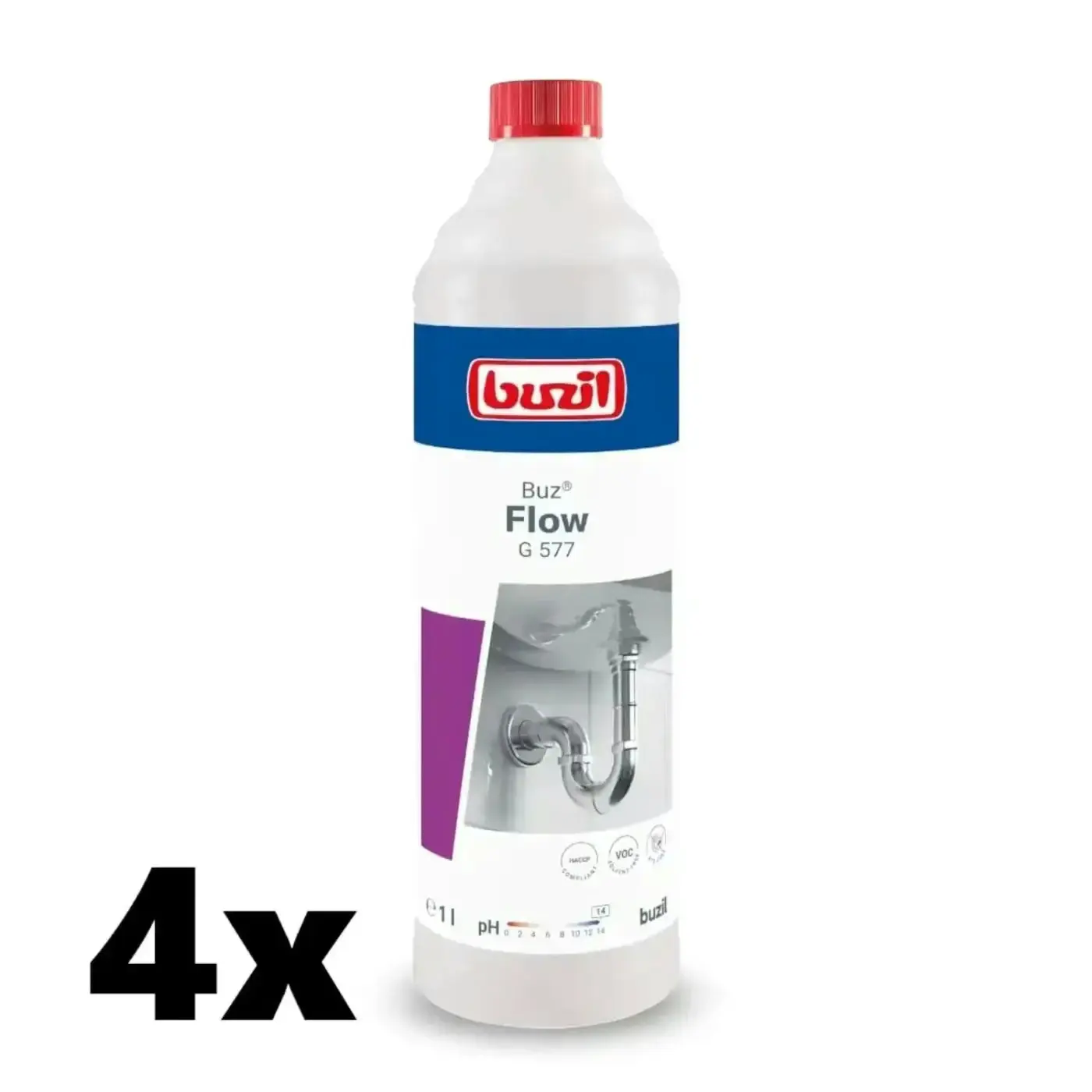 BUZ FLOW G 577-płyn do udraż.rur.1L, zestaw 4 sztuk produktu do czyszczenia odpływów