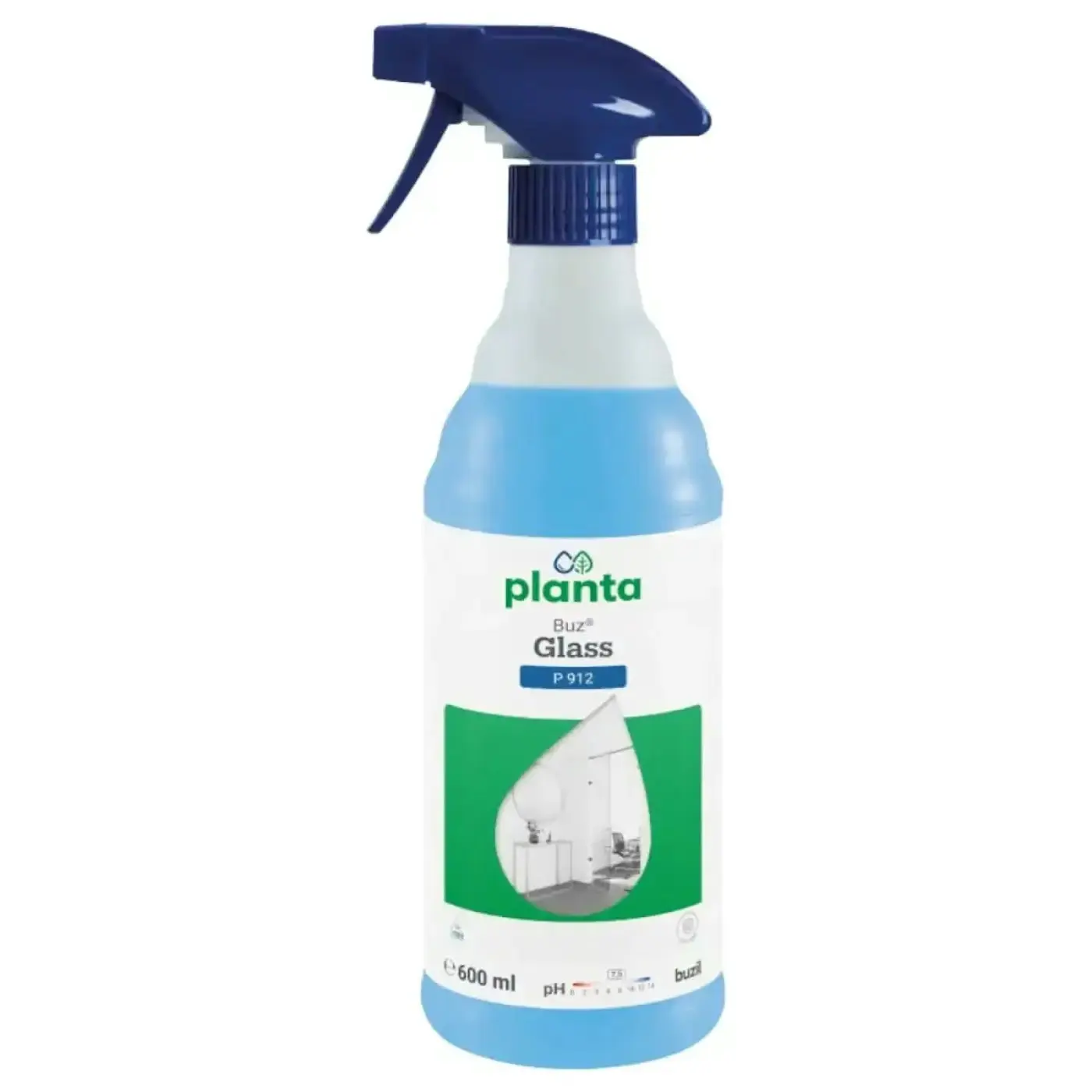 Płyn do Mycia Szyb i Luster Buzil Planta Buz Glass P912, butelka 600 ml z niebieskim atomizerem