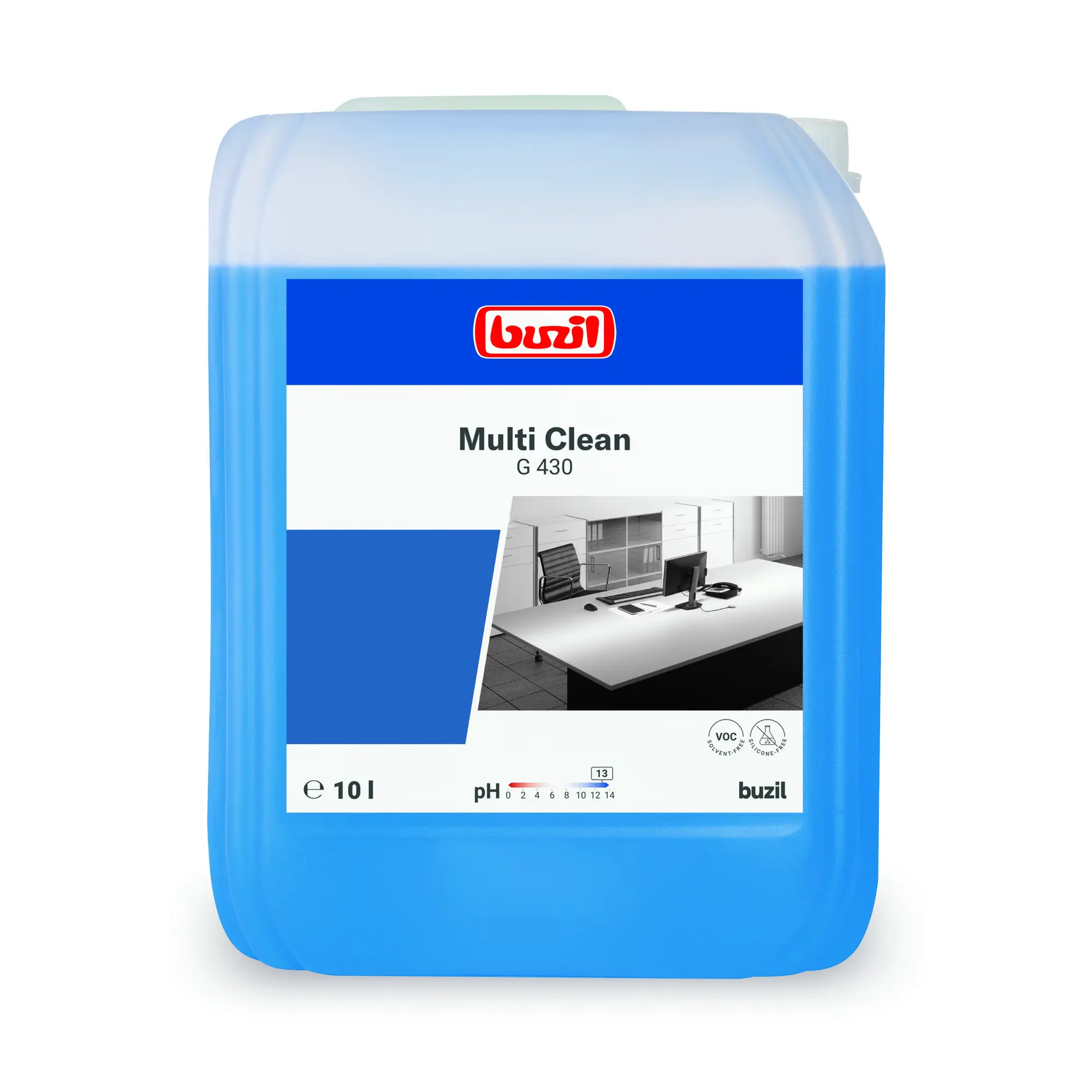 Płyn Uniwersalny Alkaliczny Buzil Multi Clean G 430 Niebieski 10 L, widok z przodu na kanister z niebieskim płynem