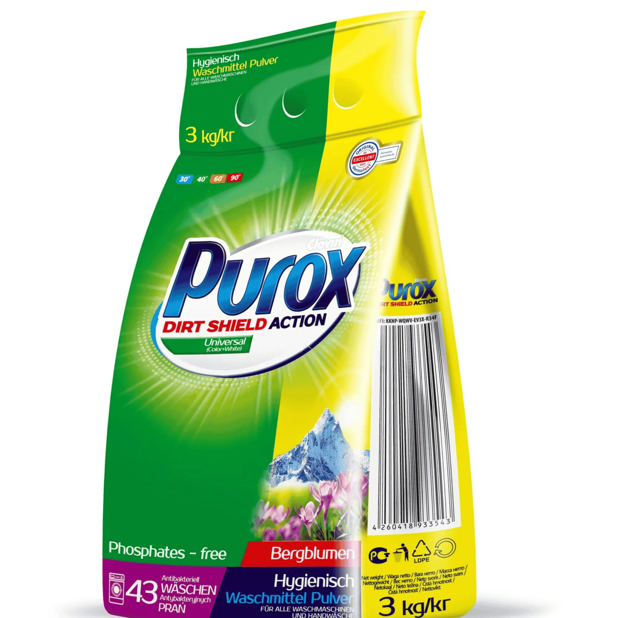 Proszek do prania Uniwersalny Purox Universal 3 kg 43 prania, zielono żółte opakowanie foliowe z grafiką gór