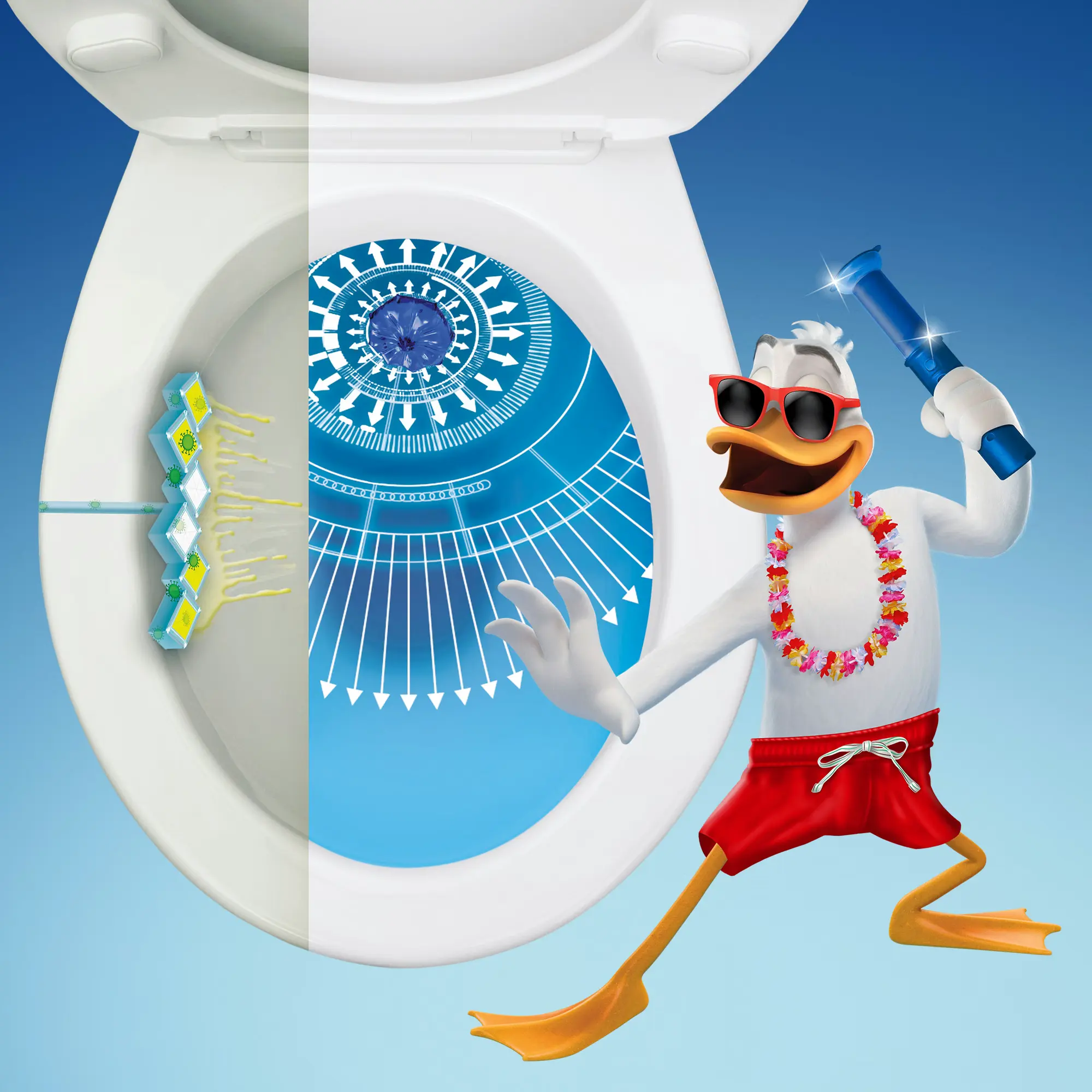 Krążek żelowy do WC Duck Fresh Discs, maskotka kaczki w okularach przeciwsłonecznych na tle czyszczonej muszli