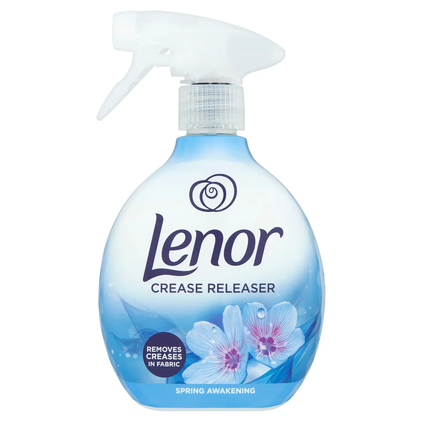 Żelazko w Sprayu Lenor Crease Releaser Spring Awakening 500 ml, niebieska butelka z atomizerem na białym tle