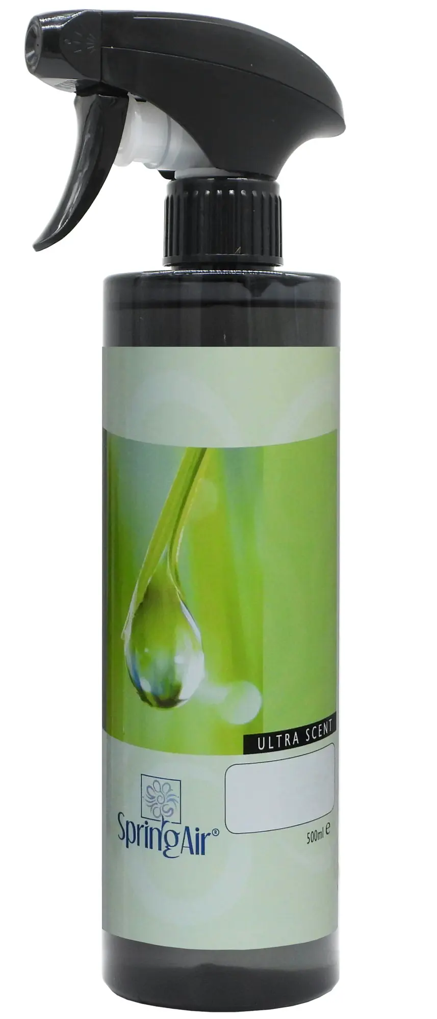 Odświeżacz Spring Air Ultra Scent White Flower 500 ml, czarna butelka z atomizerem i grafiką kropli na zielonym tle