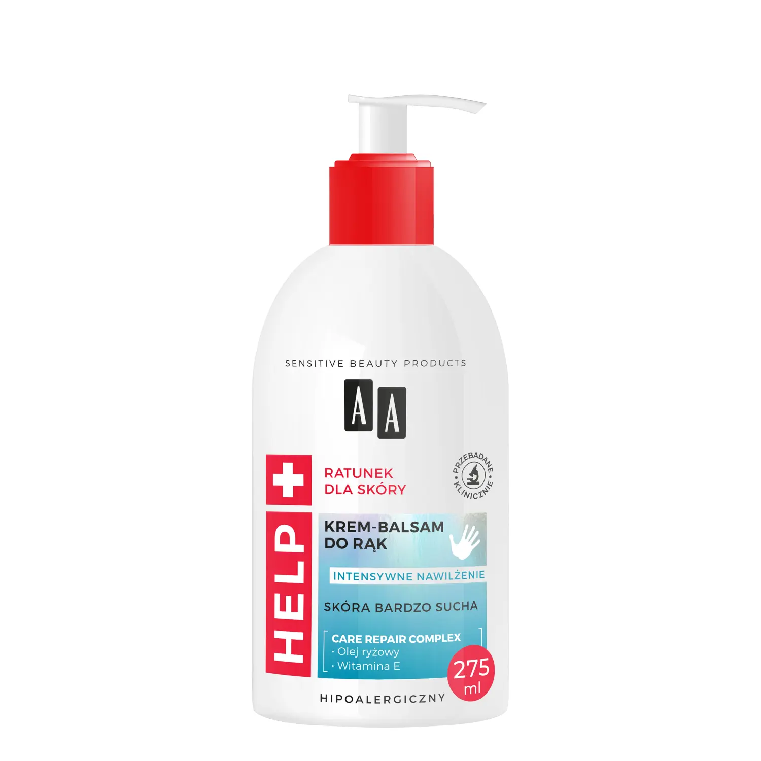 Krem do rąk AA HELP 275ml, wizualizacja produktu z czerwoną nakrętką pod pompką na białym tle