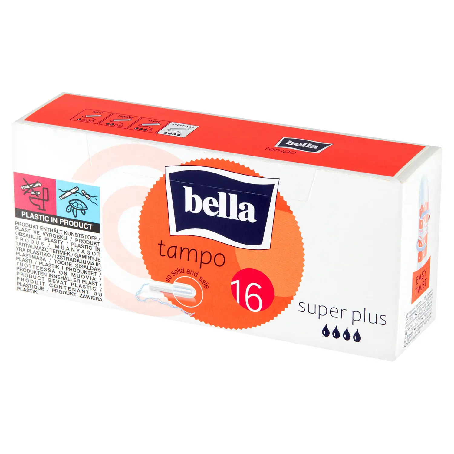 Tampony Higieniczne Bella Tampo Super Plus Easy Twist 16 szt., biało-pomarańczowe opakowanie z widocznym logo i chłonnością