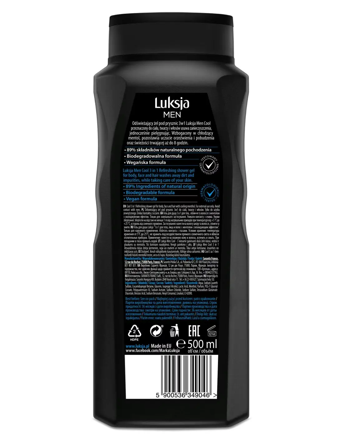 Żel pod Prysznic 3w1 dla Mężczyzn Luksja Men Cool Odświeżający Mentol 500 ml, tył opakowania z opisem i składem produktu
