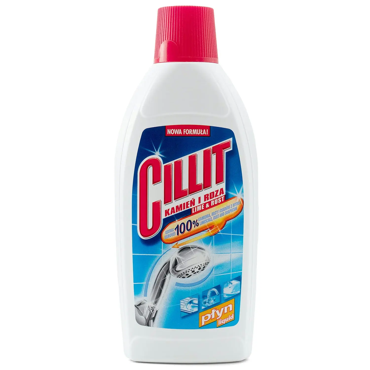 Płyn do Usuwania Kamienia i Rdzy Cillit Kamień i Rdza 450 ml, biała butelka z czerwoną nakrętką na białym tle