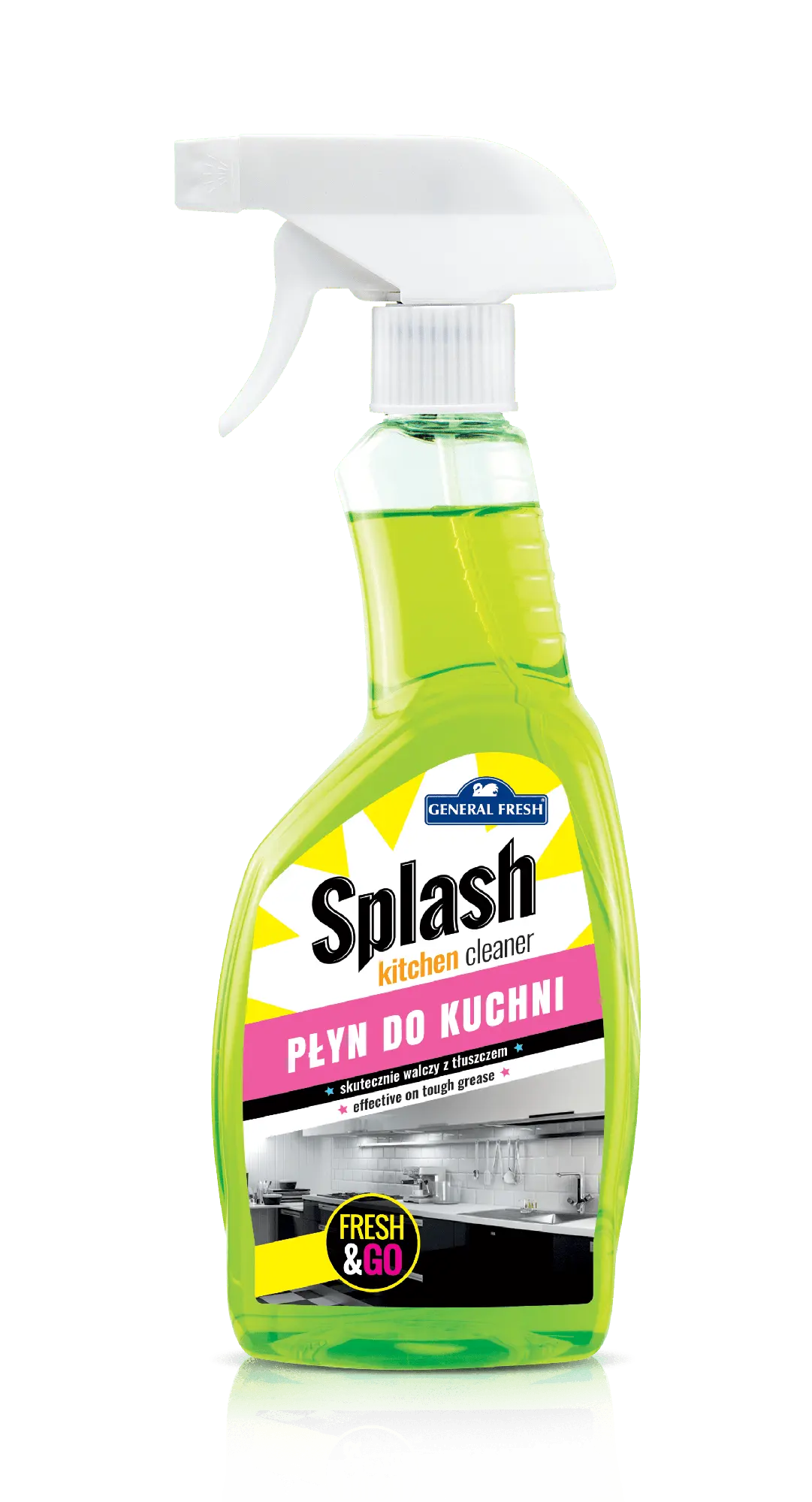 Płyn do Kuchni Czysta Kuchnia General Fresh Splash Spray 500 ml, butelka z atomizerem i zielonym płynem na czarnym tle