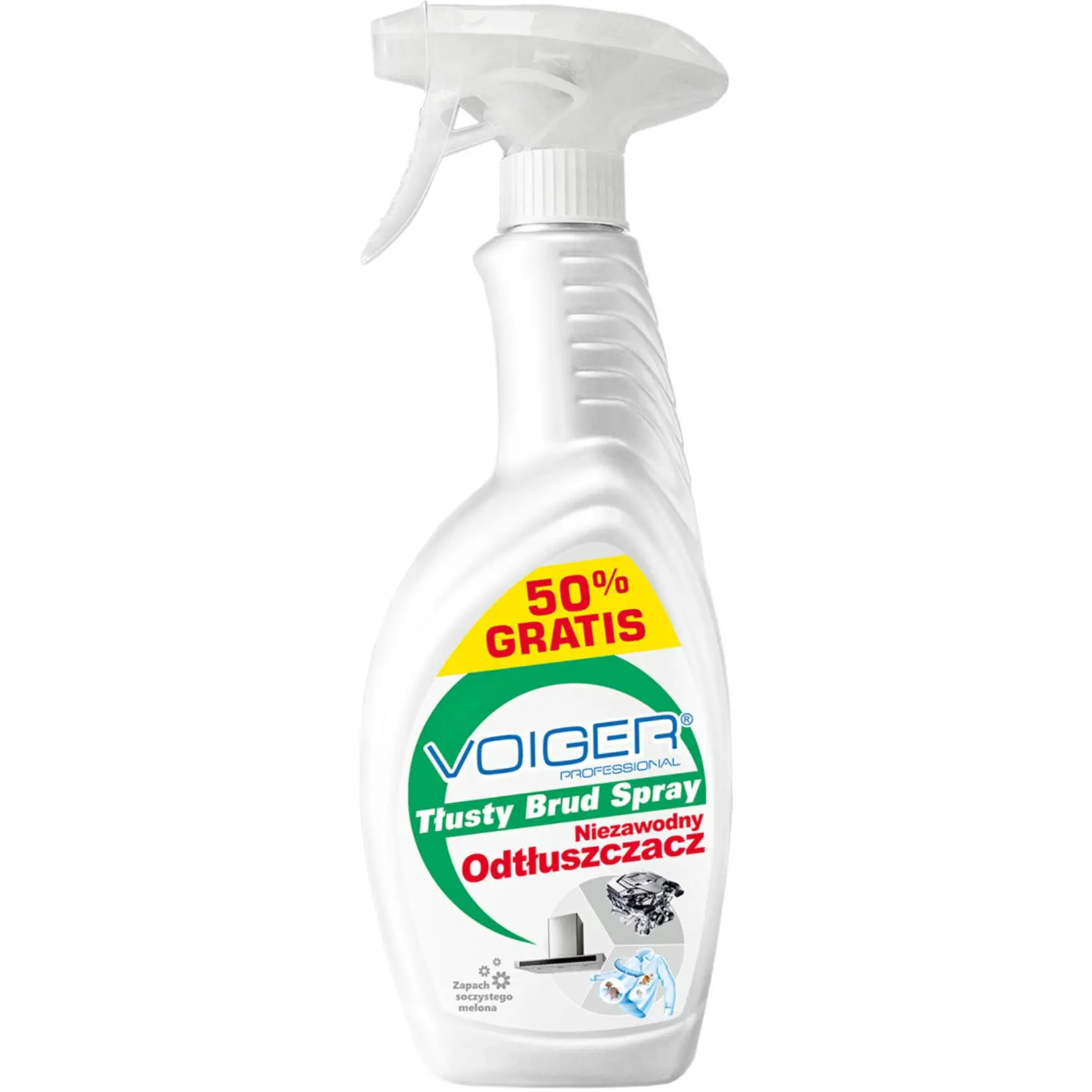 Odtłuszczacz Voiger Tłusty Brud Spray 500 ml, opakowanie z żółtym oznaczeniem 50% gratis i ikonami zastosowań