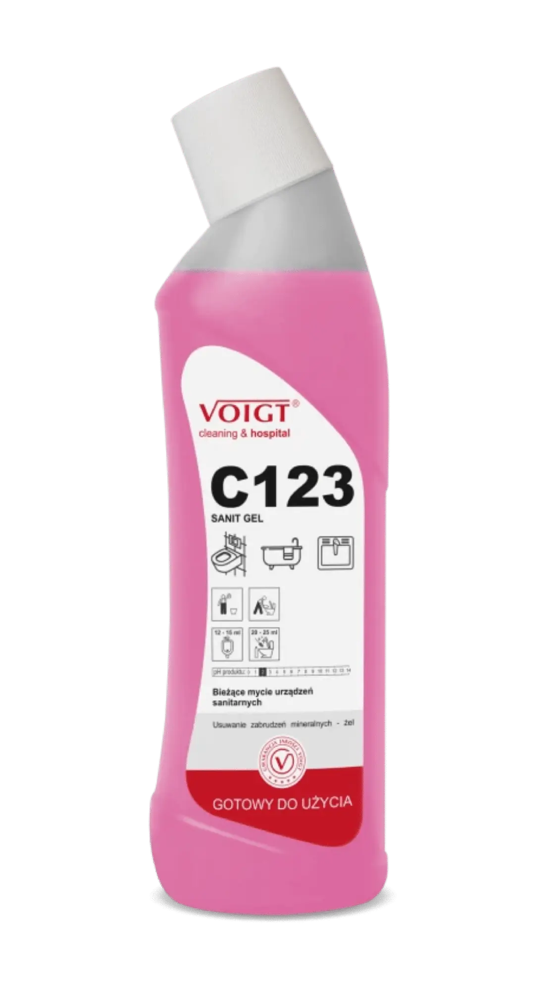Płyn C123 1l SANIT GEL (VC-117), różowa butelka z wygiętą szyjką ułatwiającą mycie toalet