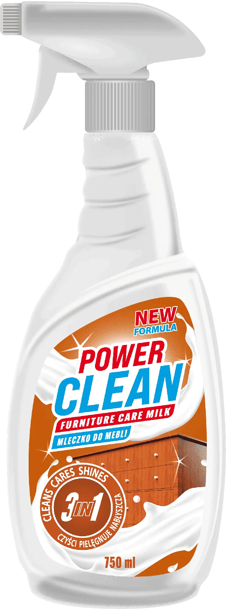 Mleczko do Pielęgnacji Mebli Power Clean FeniksChemia 750 ml, biała butelka z atomizerem i pomarańczową etykietą 3w1
