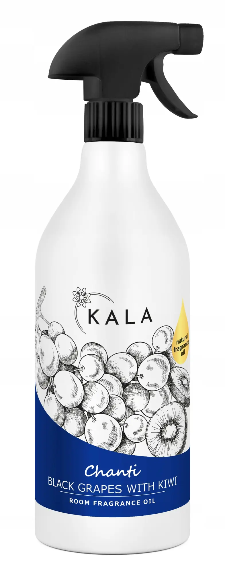 Olejek Zapachowy Kala Chanti Czarny Winogron z Kiwi 500 ml, biała butelka z czarnym atomizerem i grafiką owoców