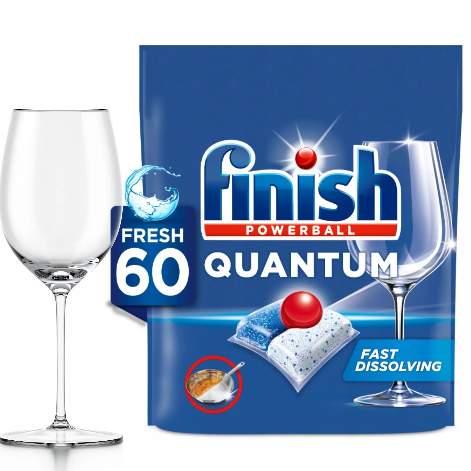 Kapsułki do Zmywarki Finish Quantum Powerball All in One Fresh 60 szt., opakowanie obok czystego kieliszka do wina