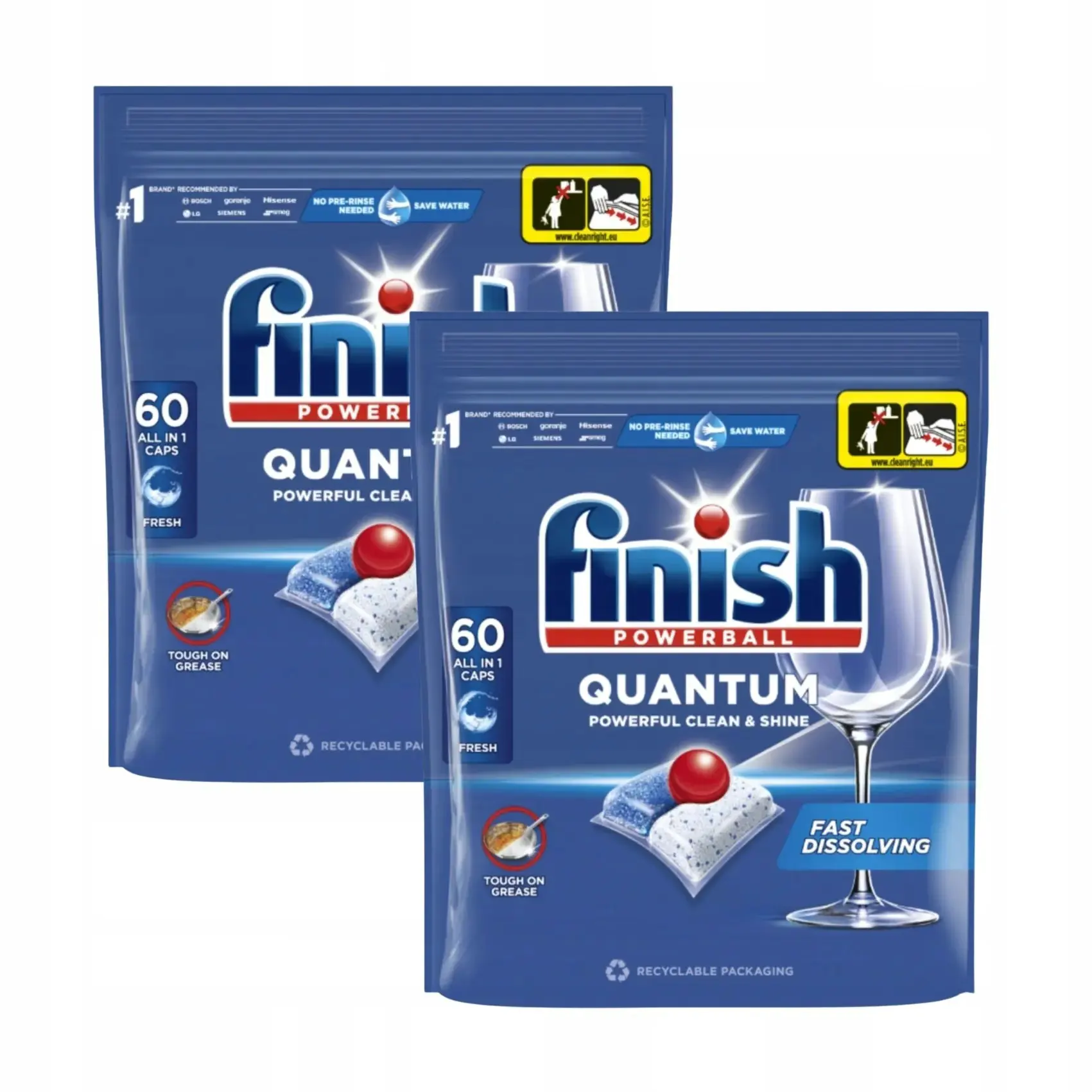 Kapsułki do Zmywarki Finish Quantum Powerball All in One Fresh 60 szt., dwa niebieskie opakowania typu doypack