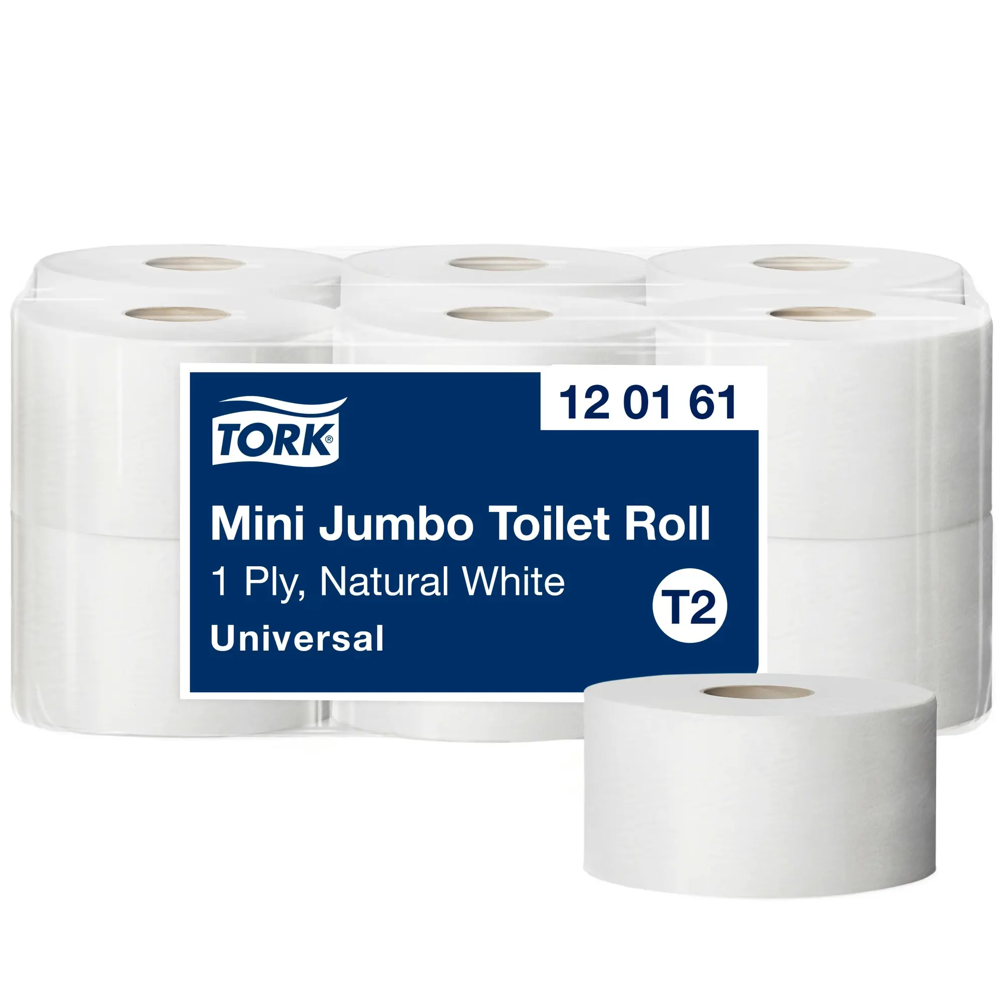 Tork papier toaletowy mini jumbo Universal, zbliżenie na pojedynczą białą rolkę na tle zgrzewki