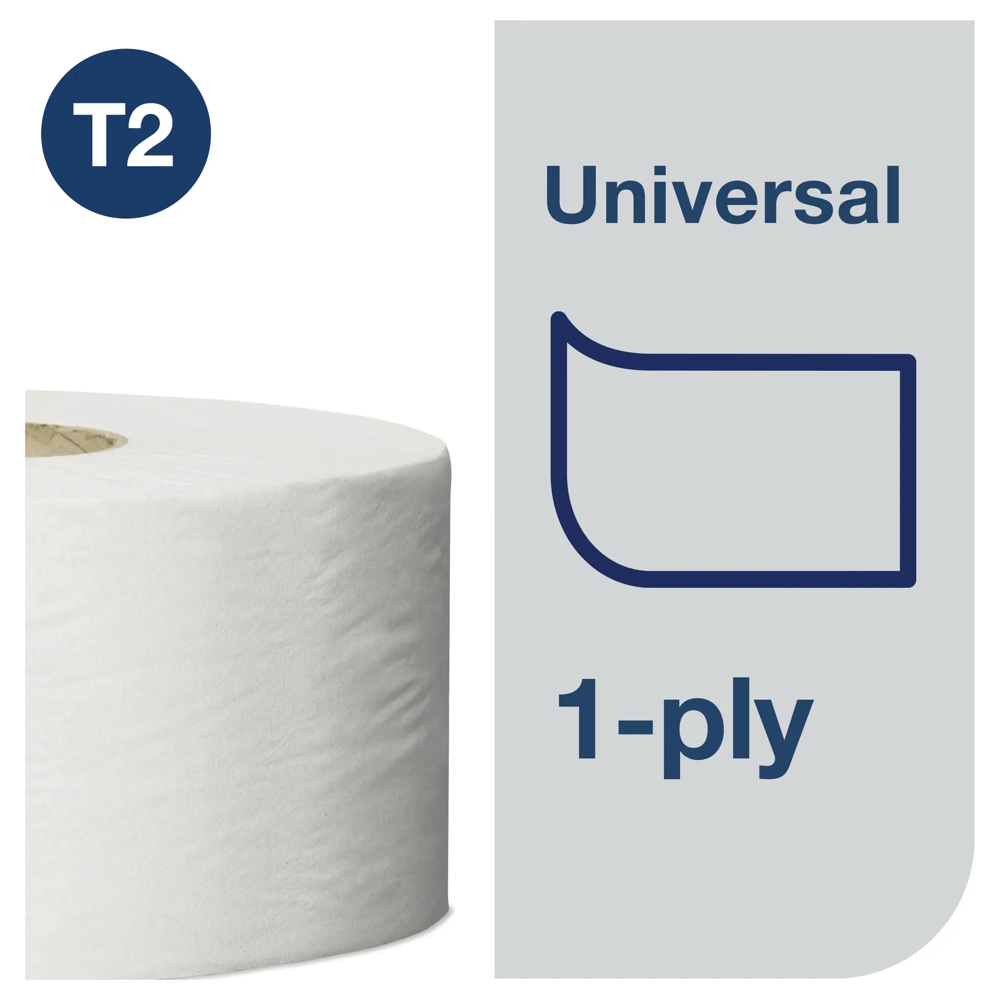 Tork papier toaletowy mini jumbo Universal, specyfikacja 1-warstwowa i system T2 na szarym tle