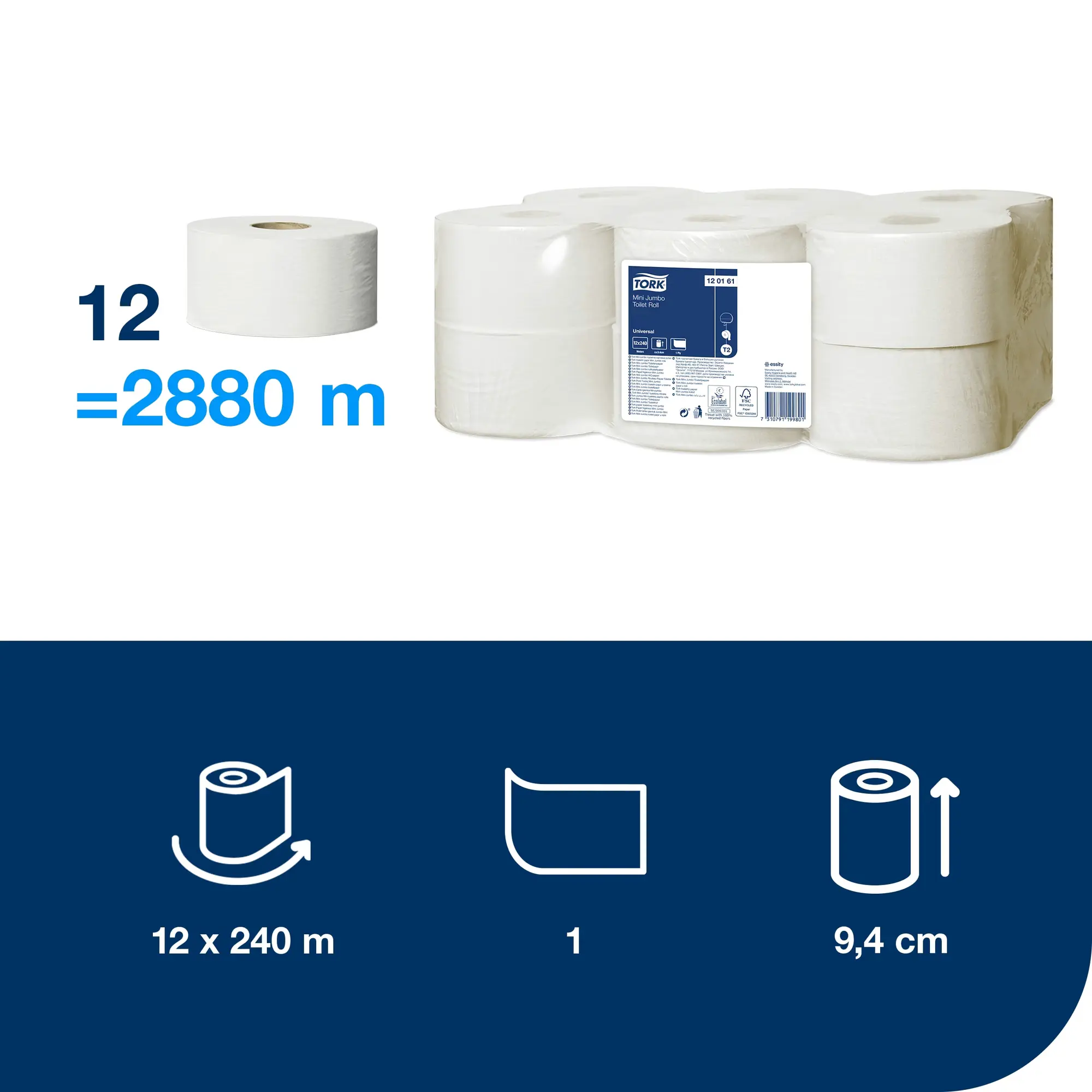 Tork papier toaletowy mini jumbo Universal, infografika wymiarŃw rolki 240m i szerokości 9,4 cm