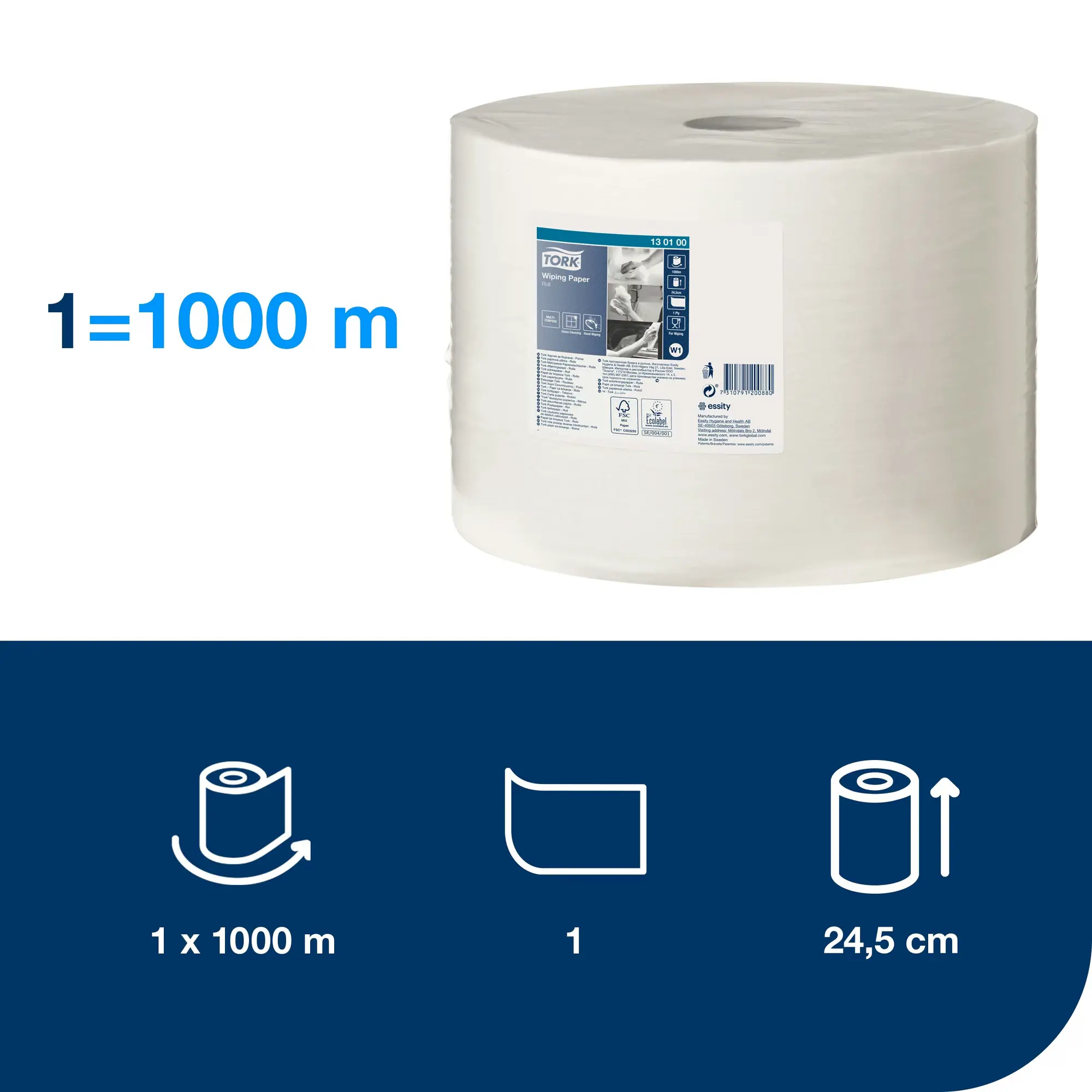 Tork czyściwo papierowe do lekkich zabrudzeń, specyfikacja techniczna rolki 1000 metrów i szerokości 24,5 cm