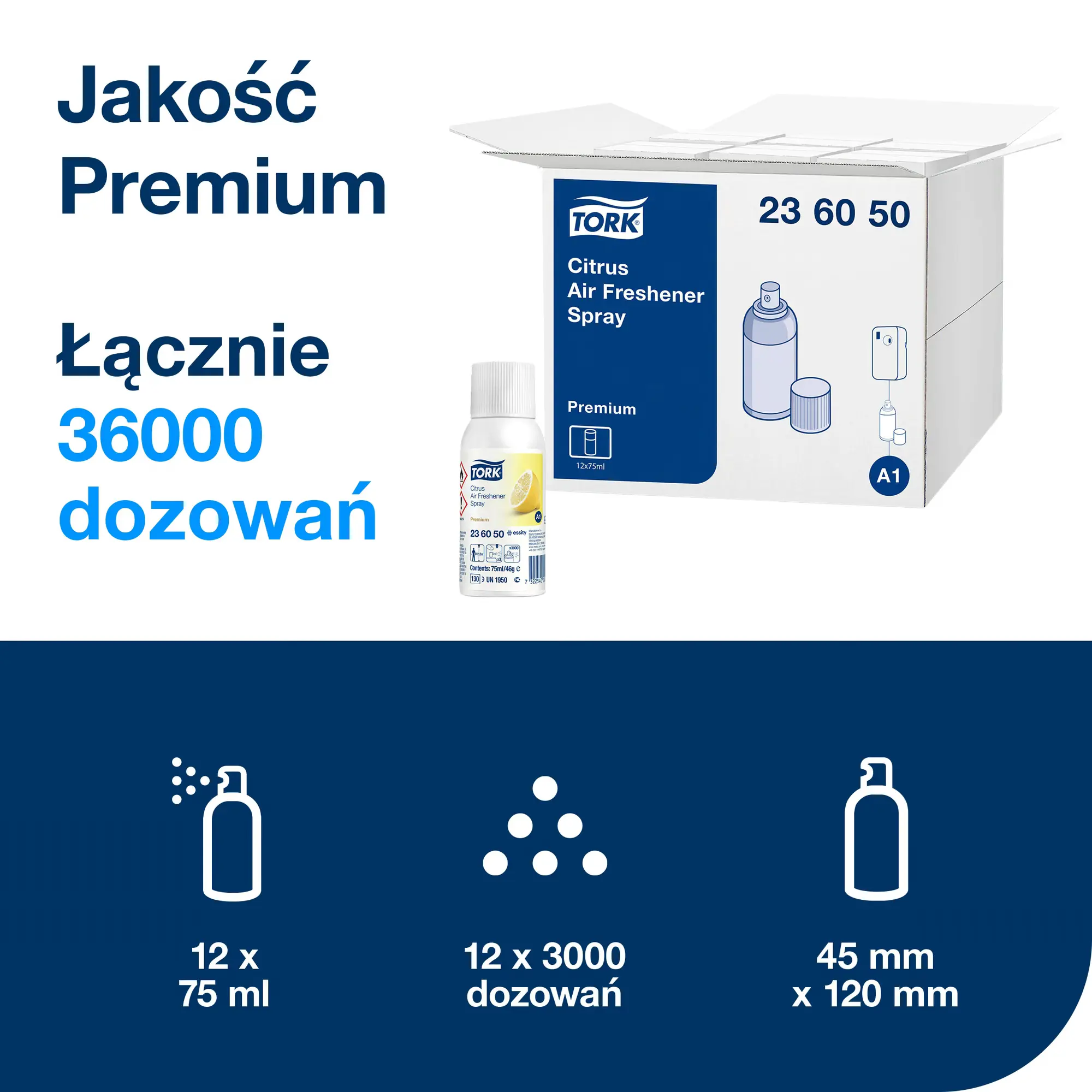 Tork odświeżacz powietrza w sprayu A1 236050, opakowanie zbiorcze 12 sztuk i specyfikacja wydajności wkładu