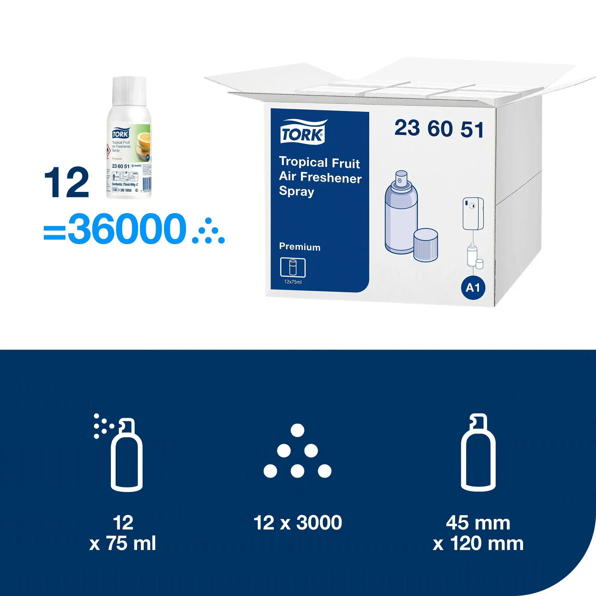 Tork odświeżacz powietrza w sprayu o zapachu owoców tropikalnych, opakowanie zbiorcze 12 sztuk i parametry techniczne