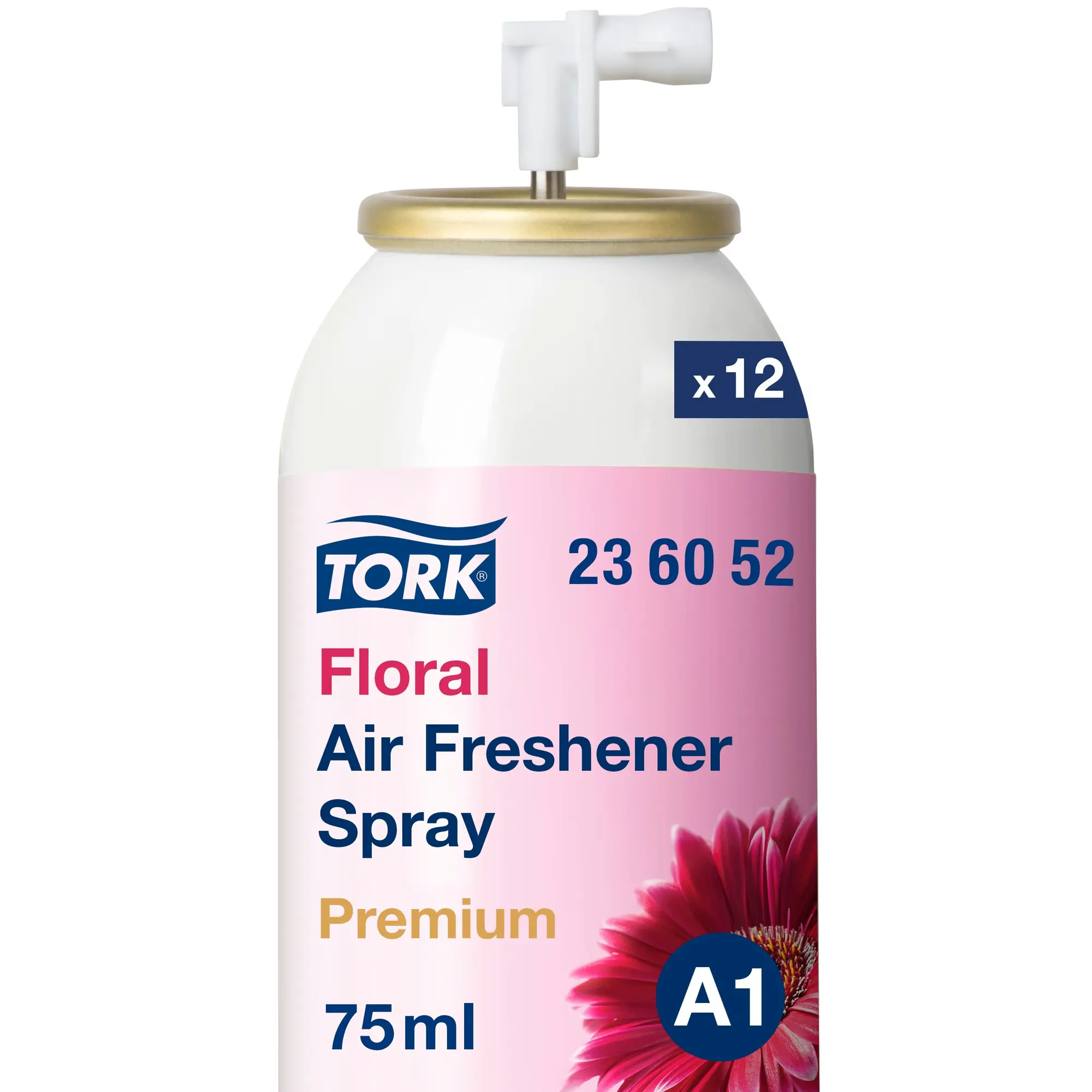Tork odświeżacz powietrza w sprayu kwiatowy, wkład 75ml z różową etykietą i grafiką gerbery