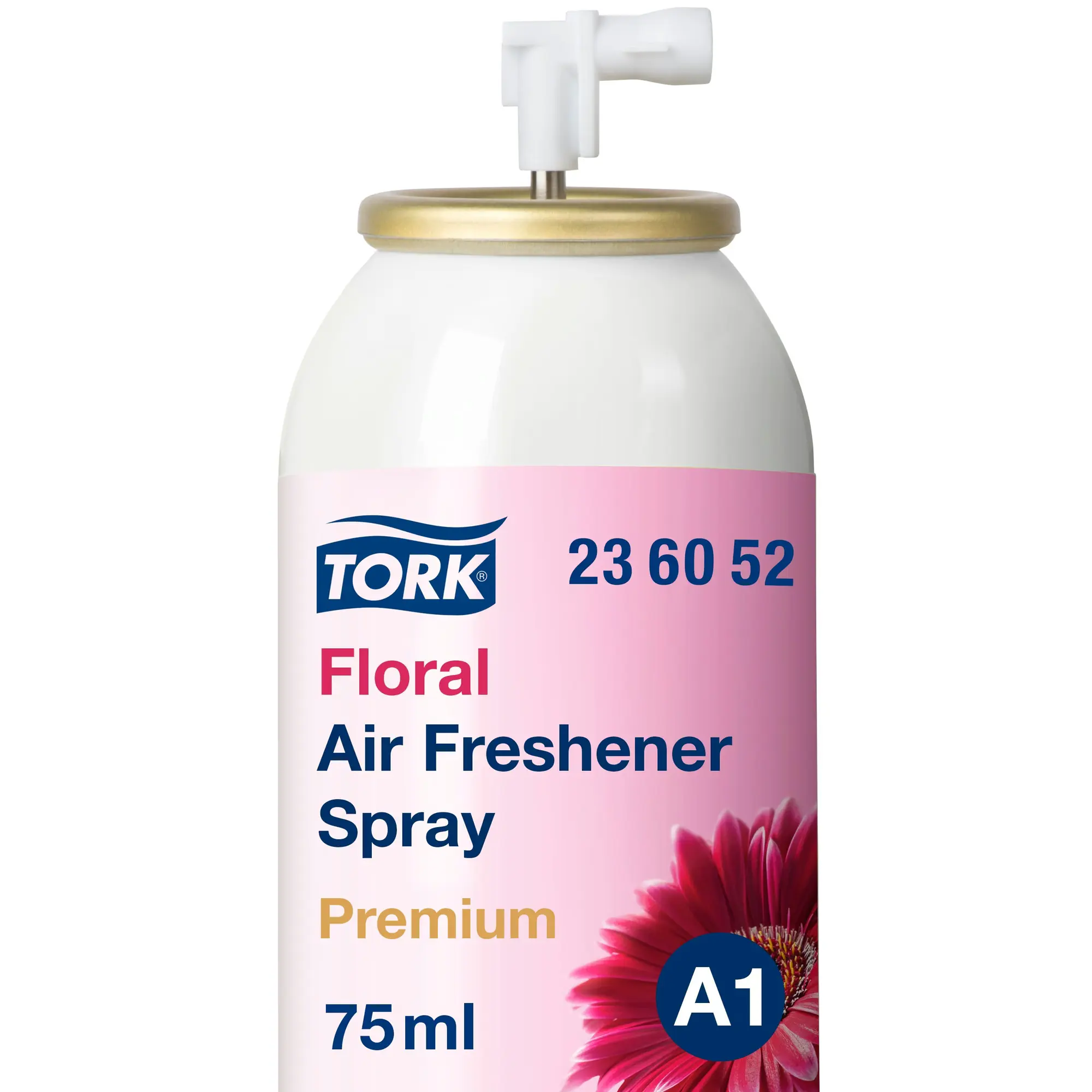Tork odświeżacz powietrza w sprayu kwiatowy, zbliżenie na białą puszkę z dozownikiem i złotym pierścieniem