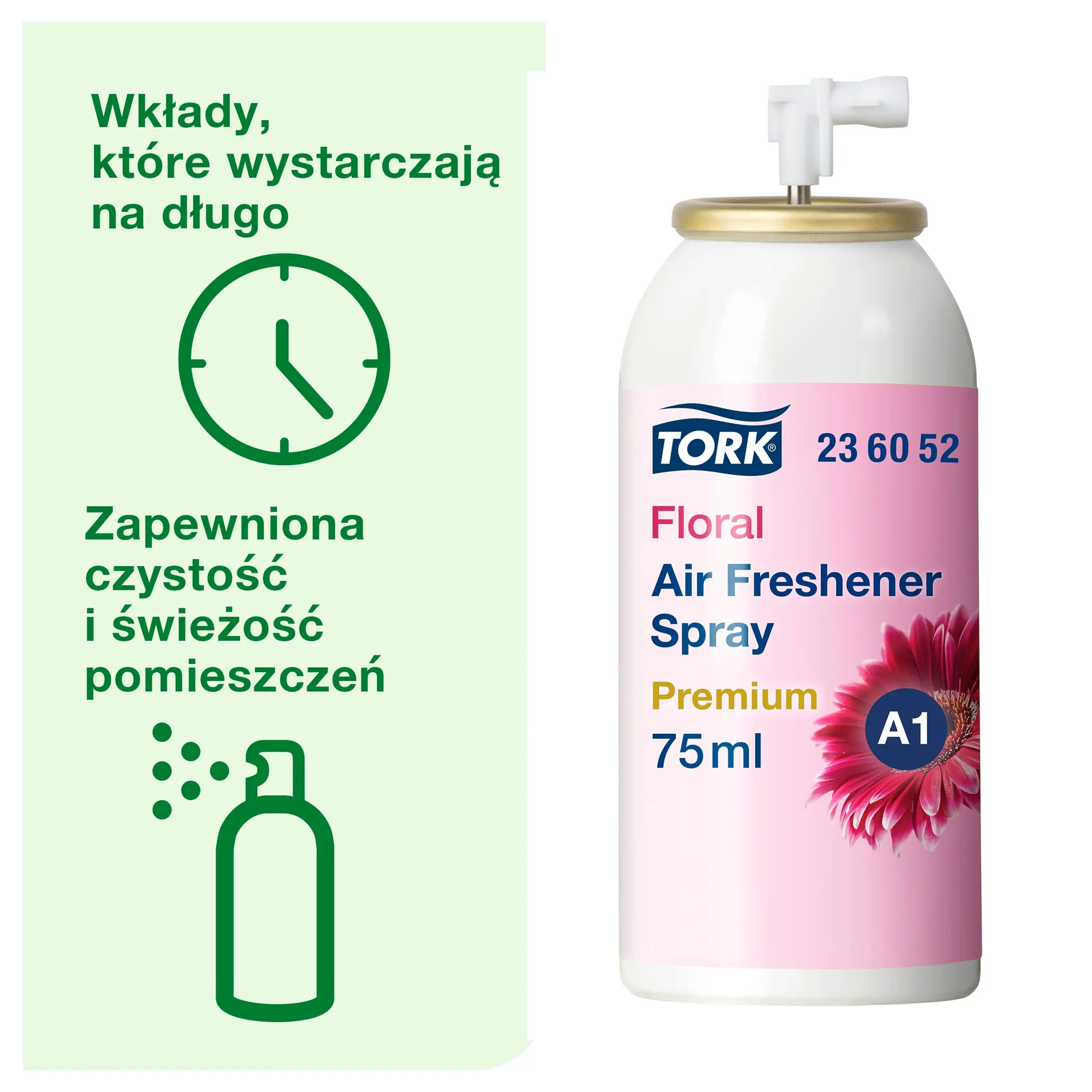 Tork odświeżacz powietrza w sprayu kwiatowy, infografika o długotrwałej świeżości i czystości pomieszczeń