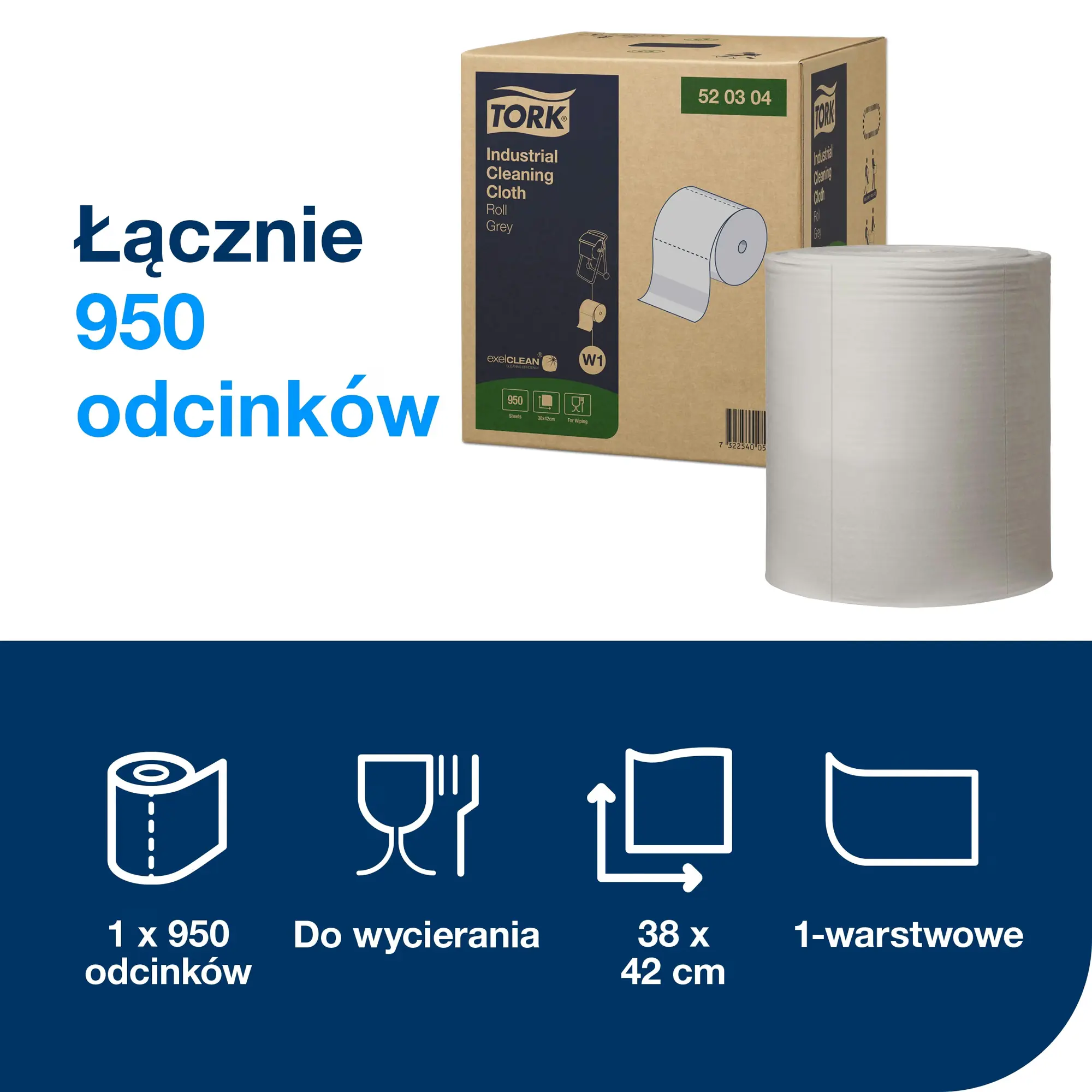 Czyściwo przemysłowe Tork W1, specyfikacja techniczna 950 odcinków o wymiarach 38x42 cm