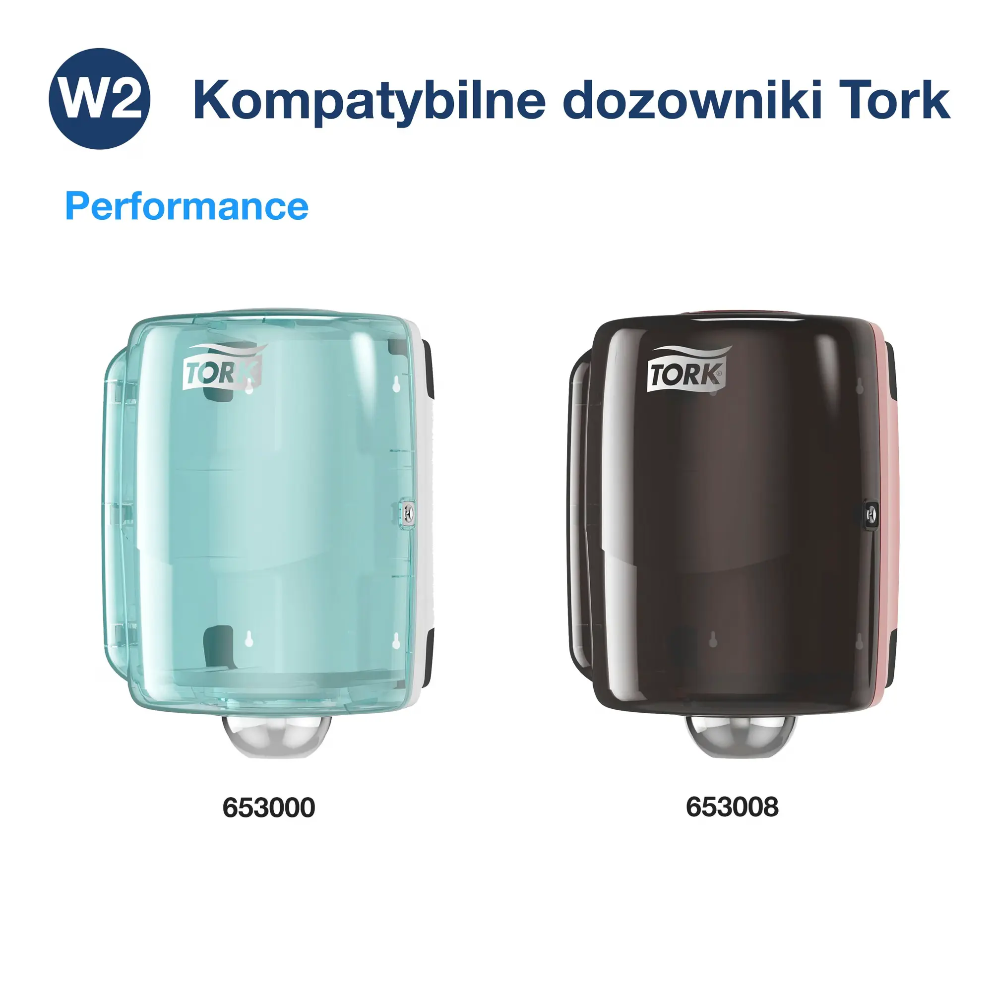 Tork czyściwo papierowe do średnich zabrudzeń, kompatybilne dozowniki Tork Performance w kolorze turkusowym i czarnym