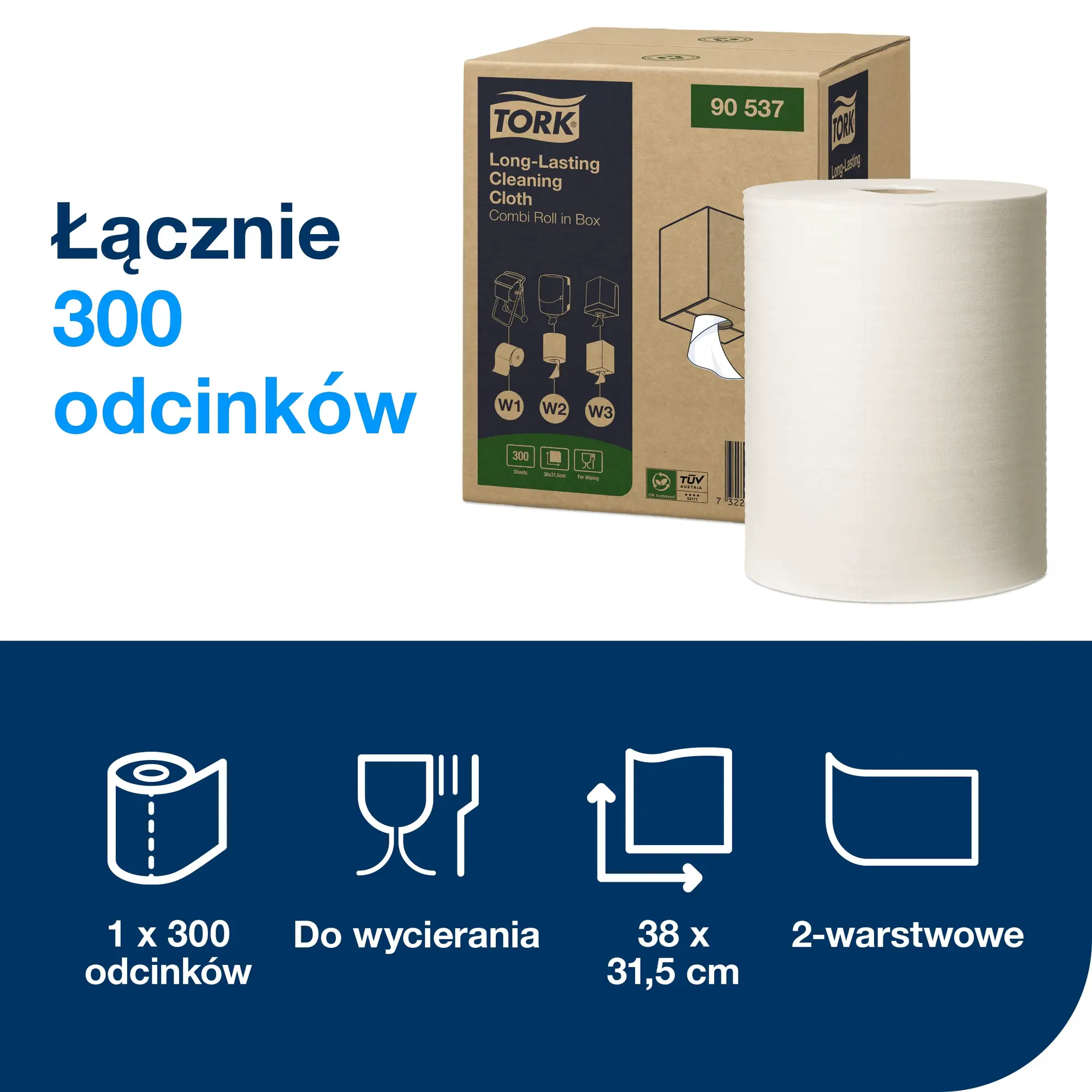 Trwałe ściereczki w rolce Tork 90537, specyfikacja: 300 odcinków, wymiary 38x31,5 cm, 2 warstwy