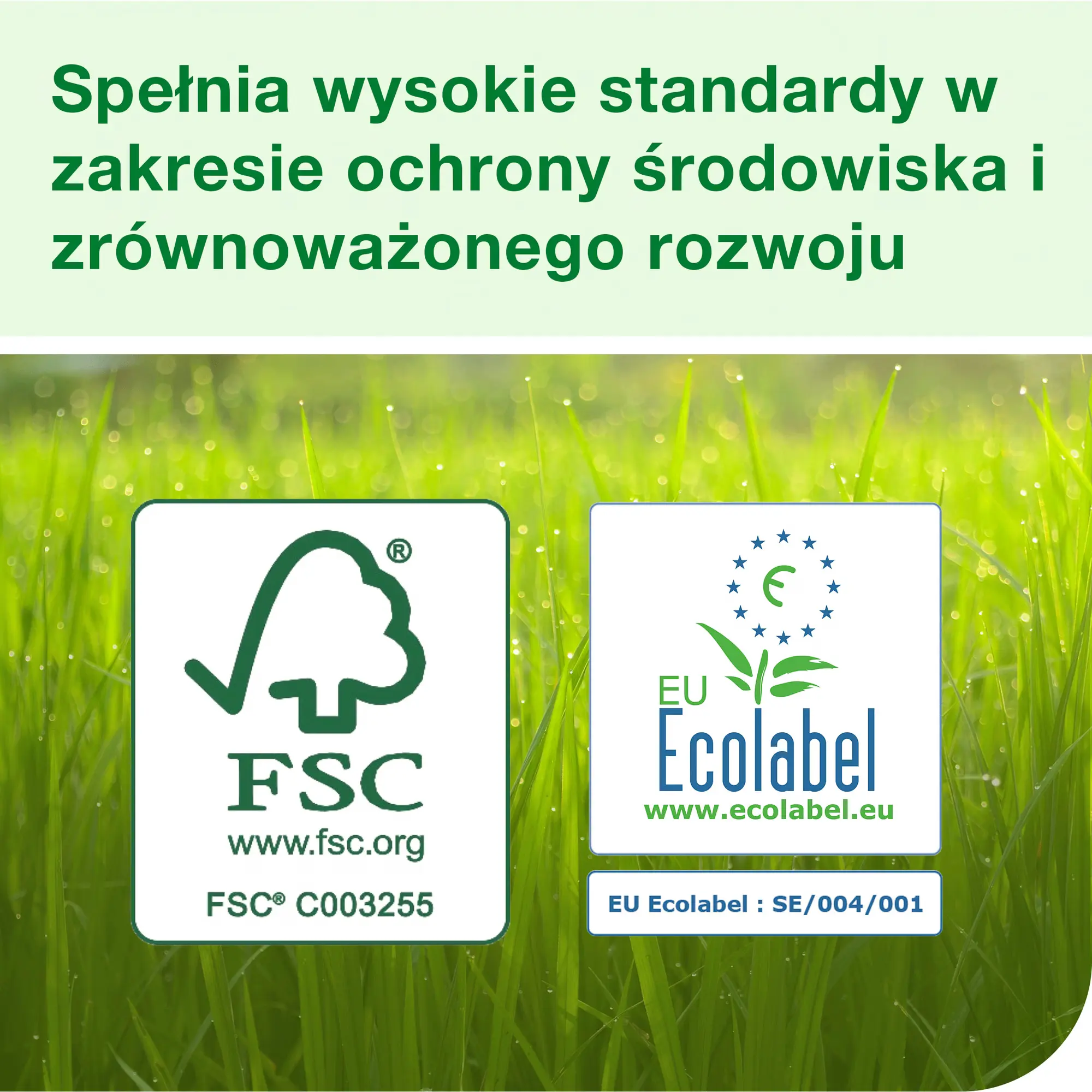 Tork Xpress 100297, certyfikaty ekologiczne FSC oraz EU Ecolabel na tle zielonej trawy