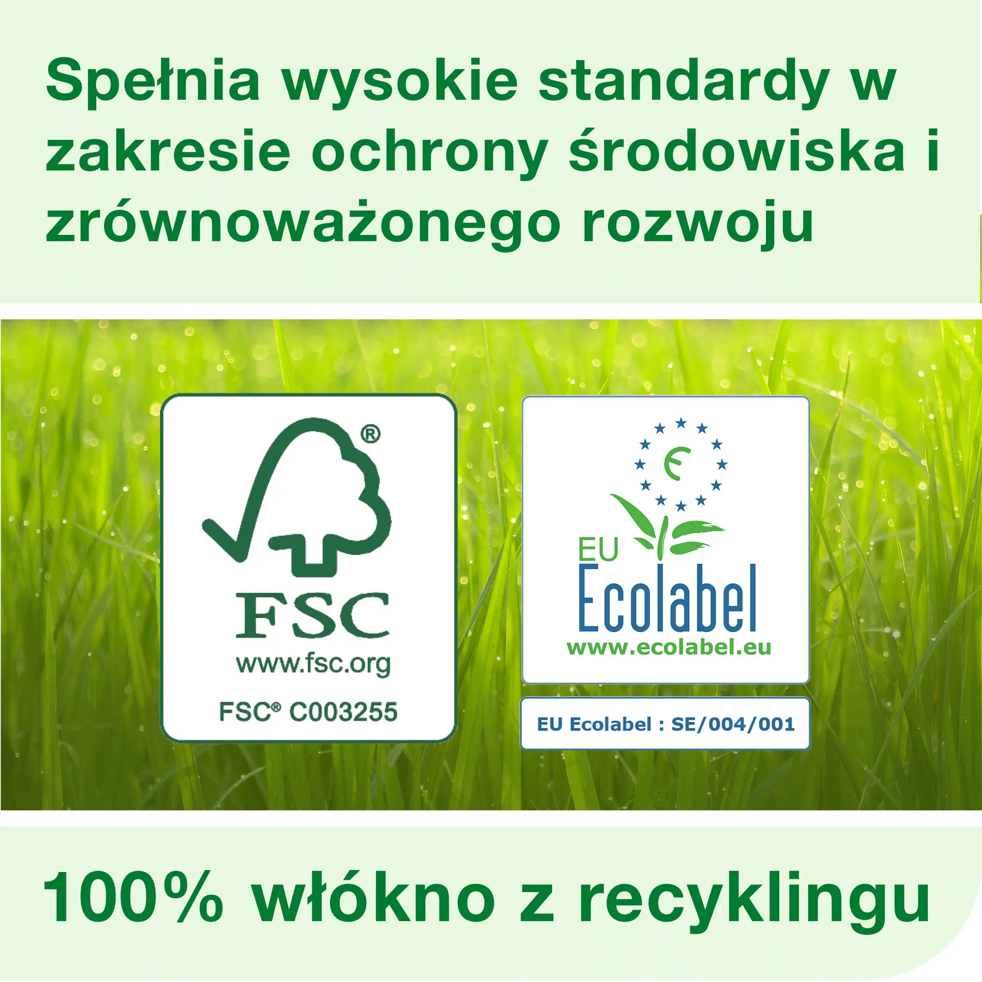 Papier toaletowy Tork Mini Jumbo T2, certyfikaty FSC i EU Ecolabel na zielonym tle z trawy