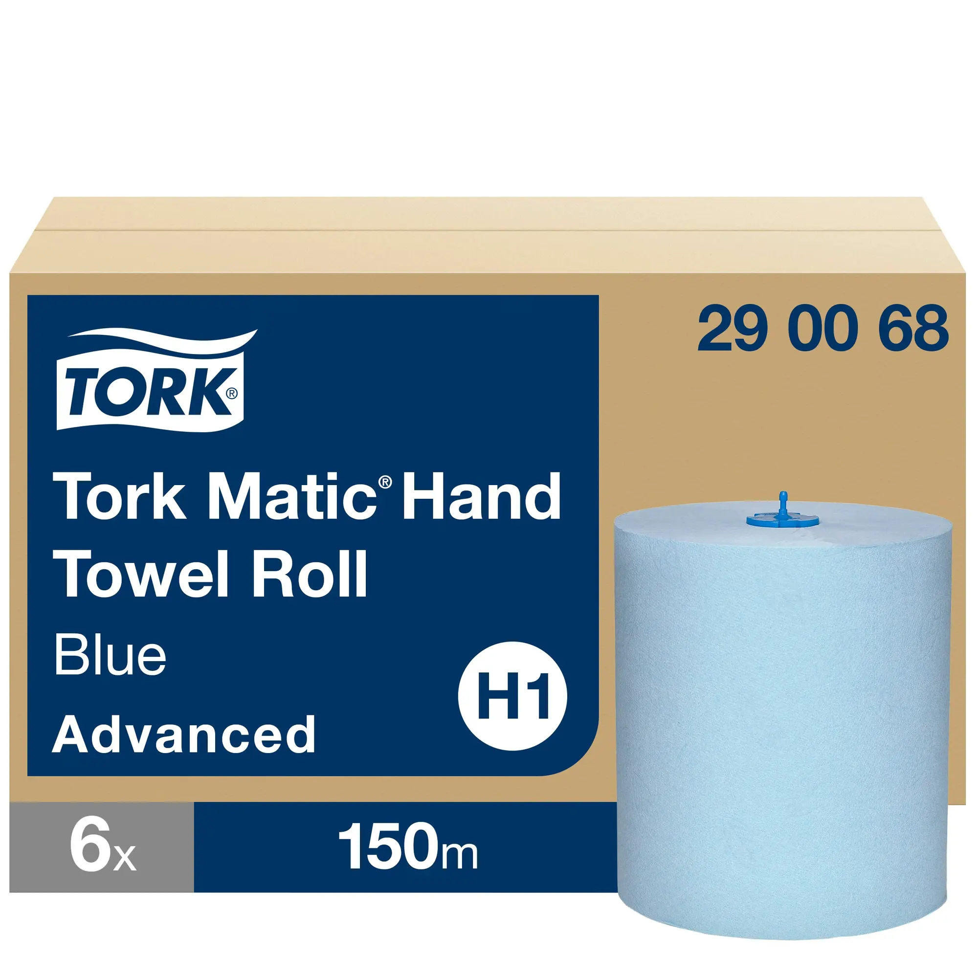 Tork Matic® niebieski ręcznik w roli H1 290068, opakowanie zbiorcze 6 rolek i pojedyncza rolka z niebieskim rdzeniem