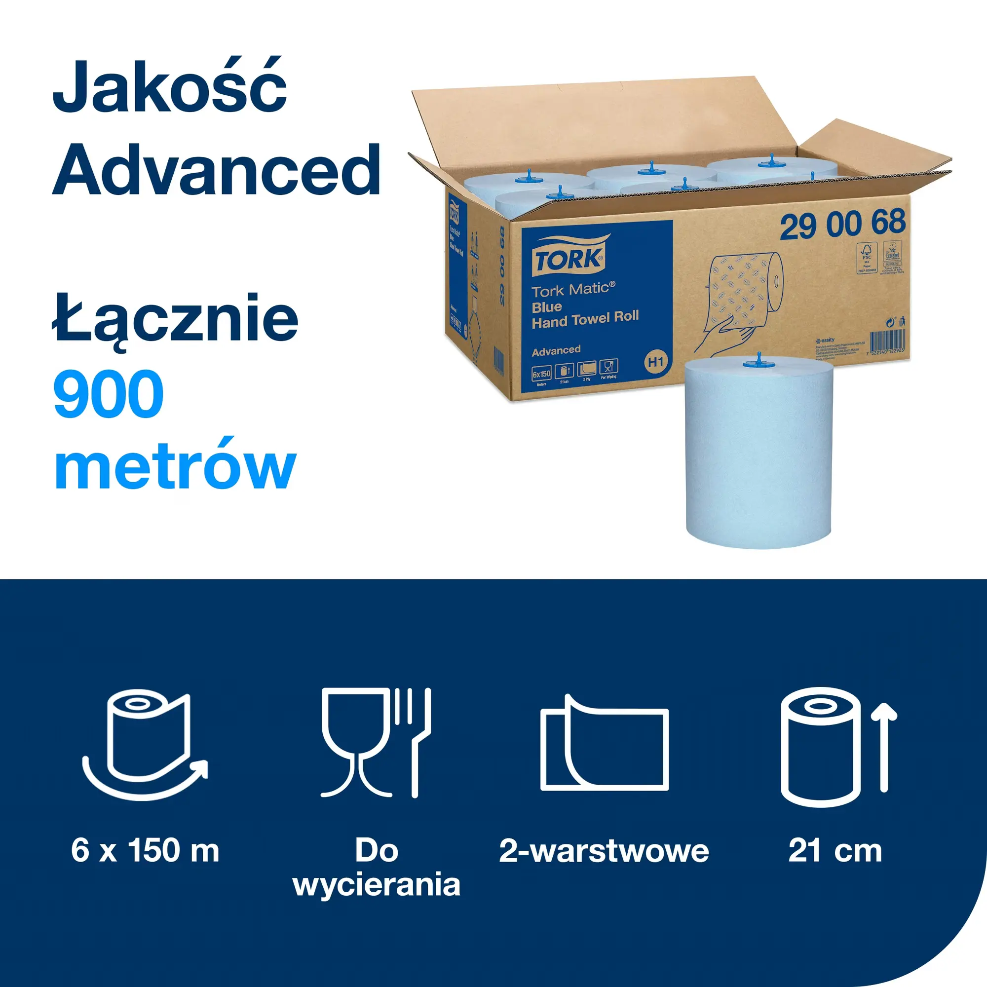 Tork Matic® niebieski ręcznik w roli H1, otwarty karton z 6 rolkami i piktogramy parametrów technicznych