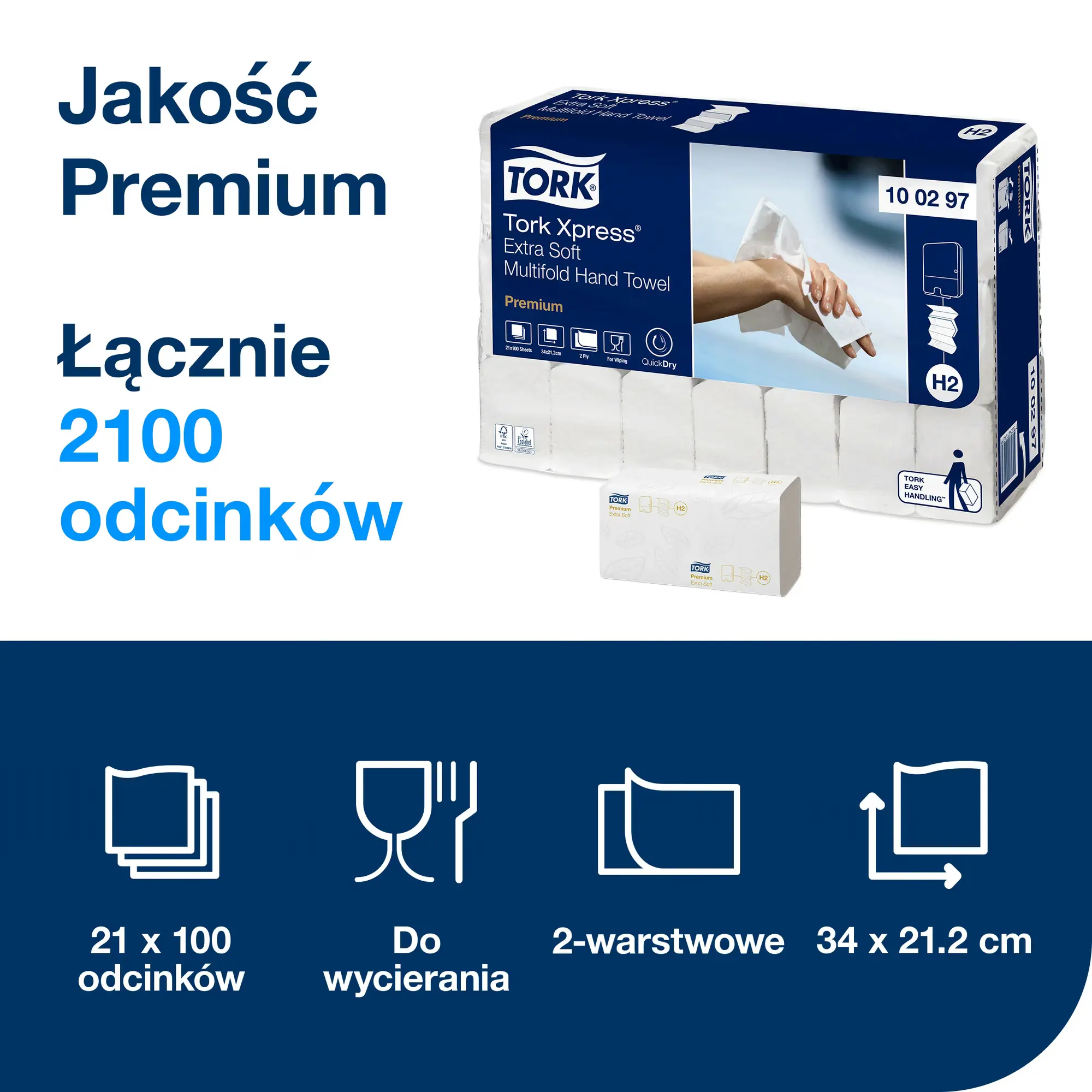Tork Xpress 100297, infografika z parametrami: 2-warstwowy, wymiary 34x21.2 cm, 2100 odcinków